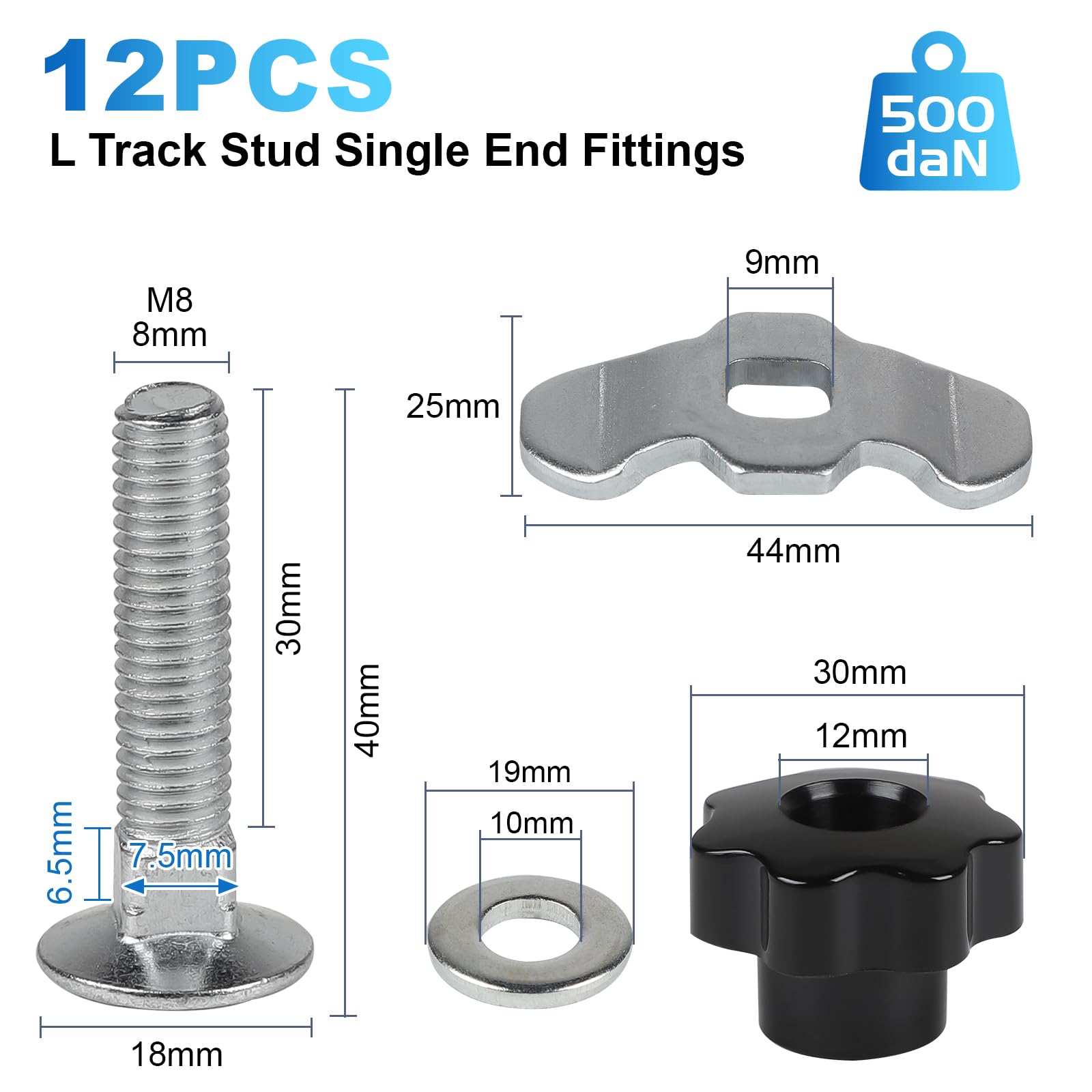 EXLECO 12X Schraubfitting Airlineschiene M8x40 Airline Fitting Airlinebeschlag Schwarz Sterngriffmutter Airlineverschraubung Zubehör Endbeschlag für Zurrschienen 500daN Verzinkt Airlineverschraubung