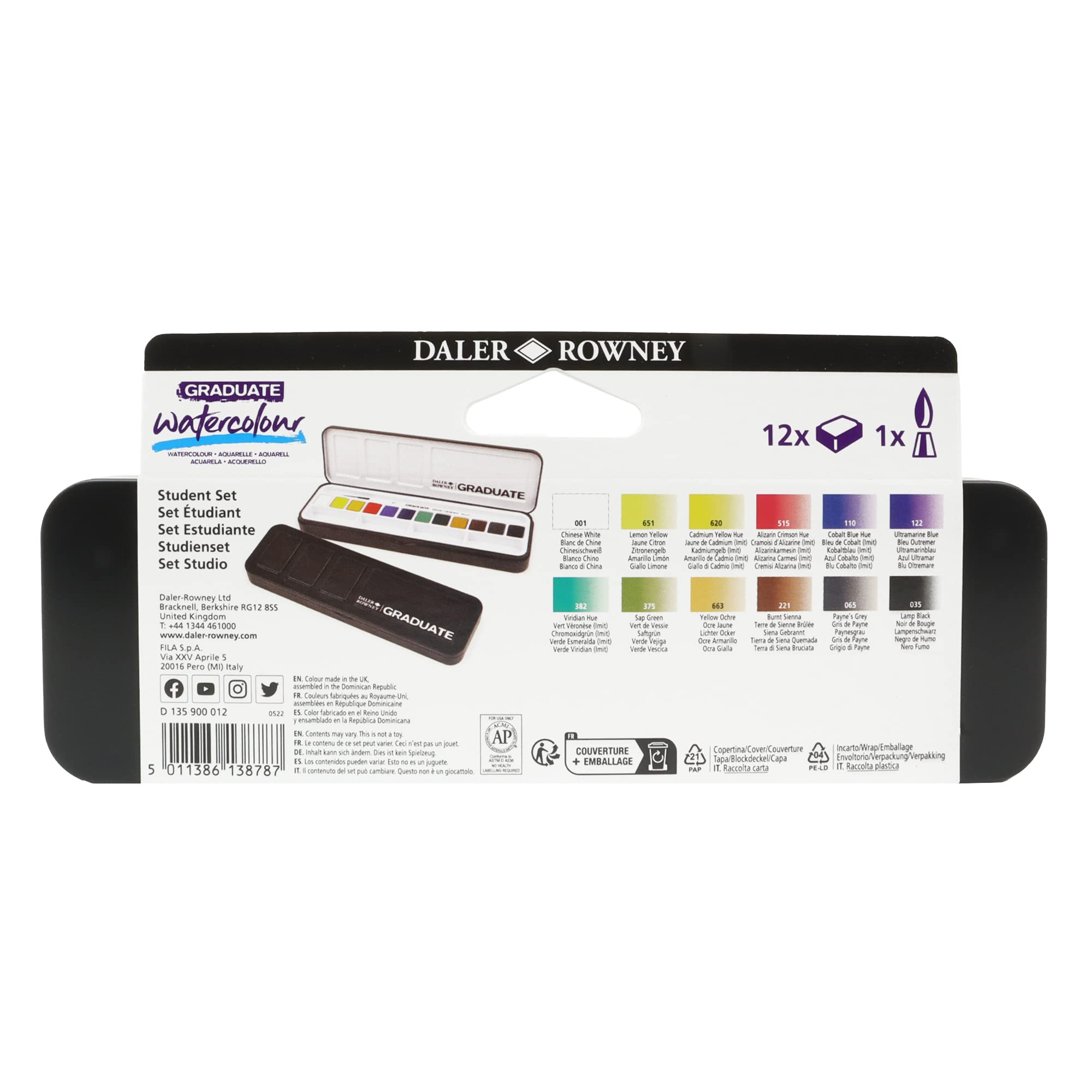 Daler-Rowney Graduate Acuarelas Profesionales, Set de Acuarelas 12 Colores con Pincel, Kit Acuarela Portátil en Caja Metálica, Estuche para Estudiantes, Artistas y Manualidades