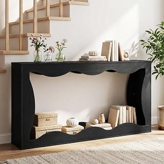 GIANTEX 63" 2-Tier Farmhouse Console Table with Built-in Wavy Storage Space