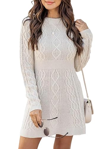 Ebifin Sweater Dresses for Women Elegant Jumper Dresses Knitted Round Neck A-Line Mini Dress Winter Pullover Dresses. - M - Beige