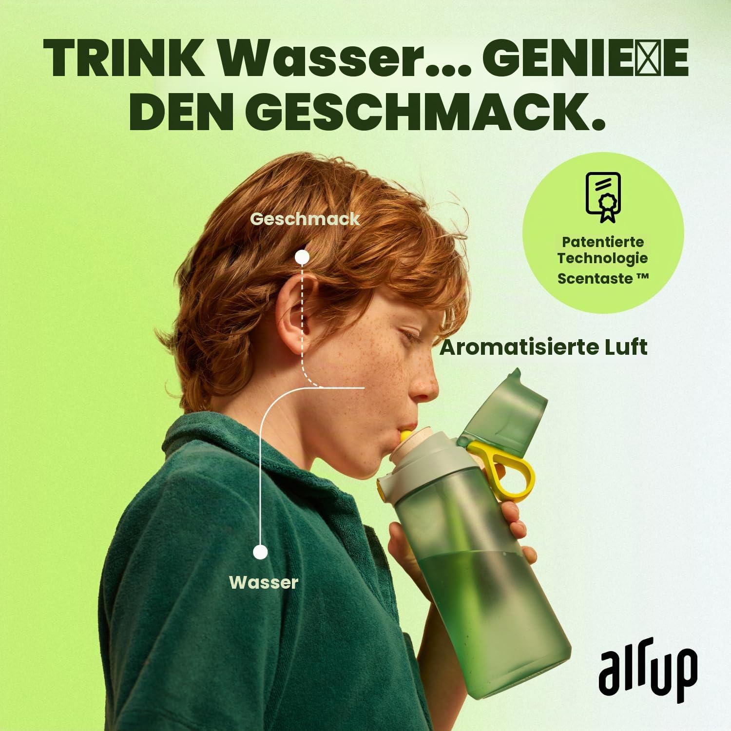 AIR UP Trinkflasche Click Turtle Green Original Starterset mit Pods in 5 Geschmacksrichtungen | 600ml Trinkflasche mit zuckerfreiem Geschmack | spülmaschinengeeignet, BPA-frei