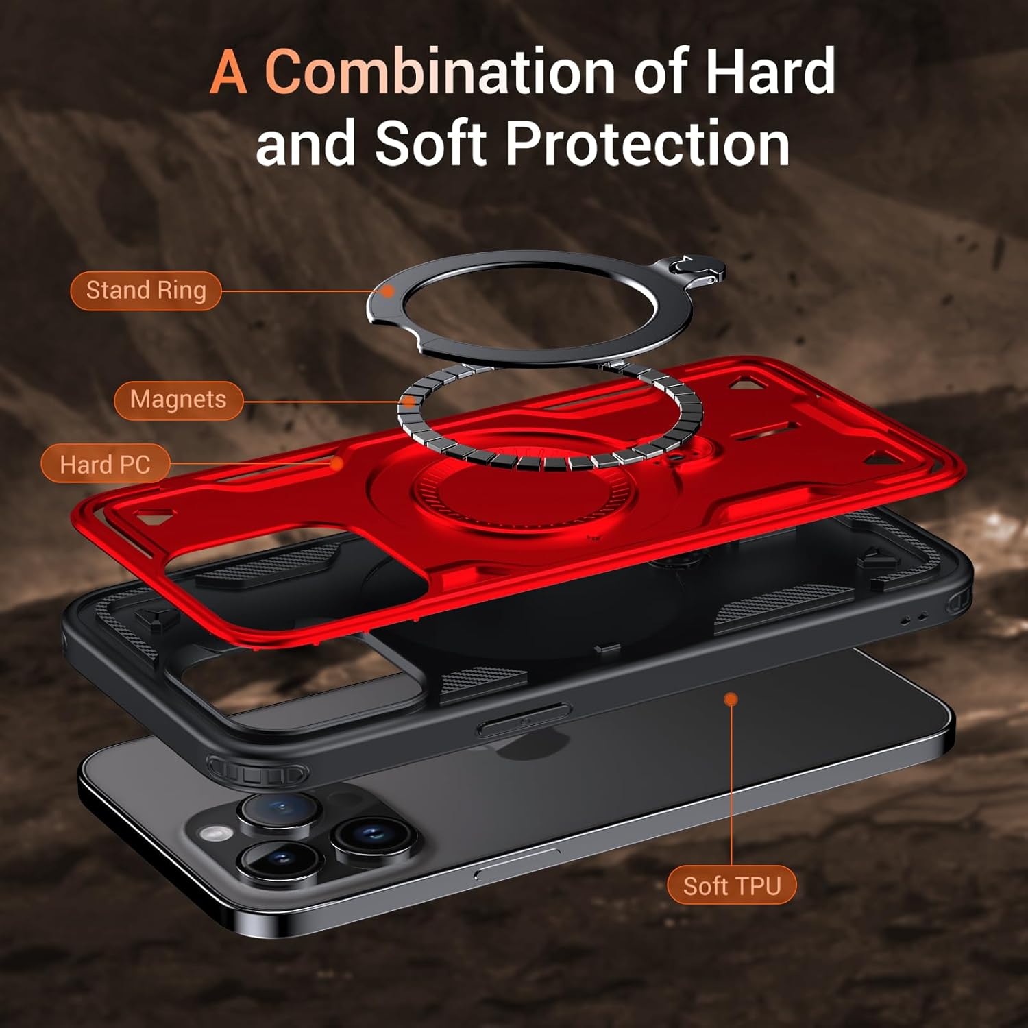 WYUIC Designed for iPhone 15 Pro Max Magnetic Case, Compatible with Magsafe, 10ft Drop Test Hard Rugged, 360 Rotating Ring Kickstand Shockproof Protection Phone Case iPhone 15 Pro Max Cover, Red - Image 5