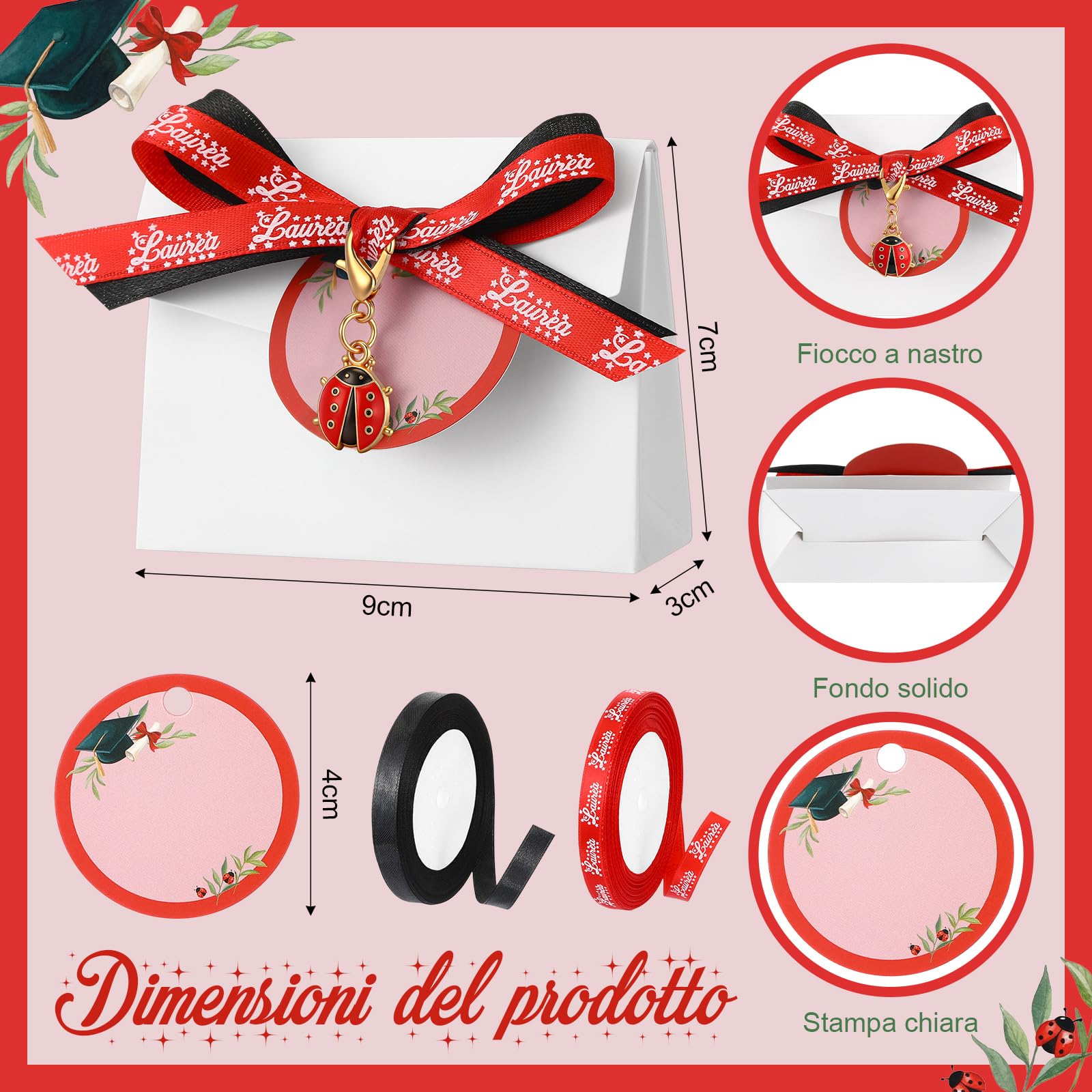BBTO Bomboniere Laurea 30 Sets di Regalo Laurea Include Portachiavi Coccinella Portafortuna Scatoline Portaconfetti Nastro Rosso e Nastro Nero Bigliettini Bomboniere Fai-da-Te