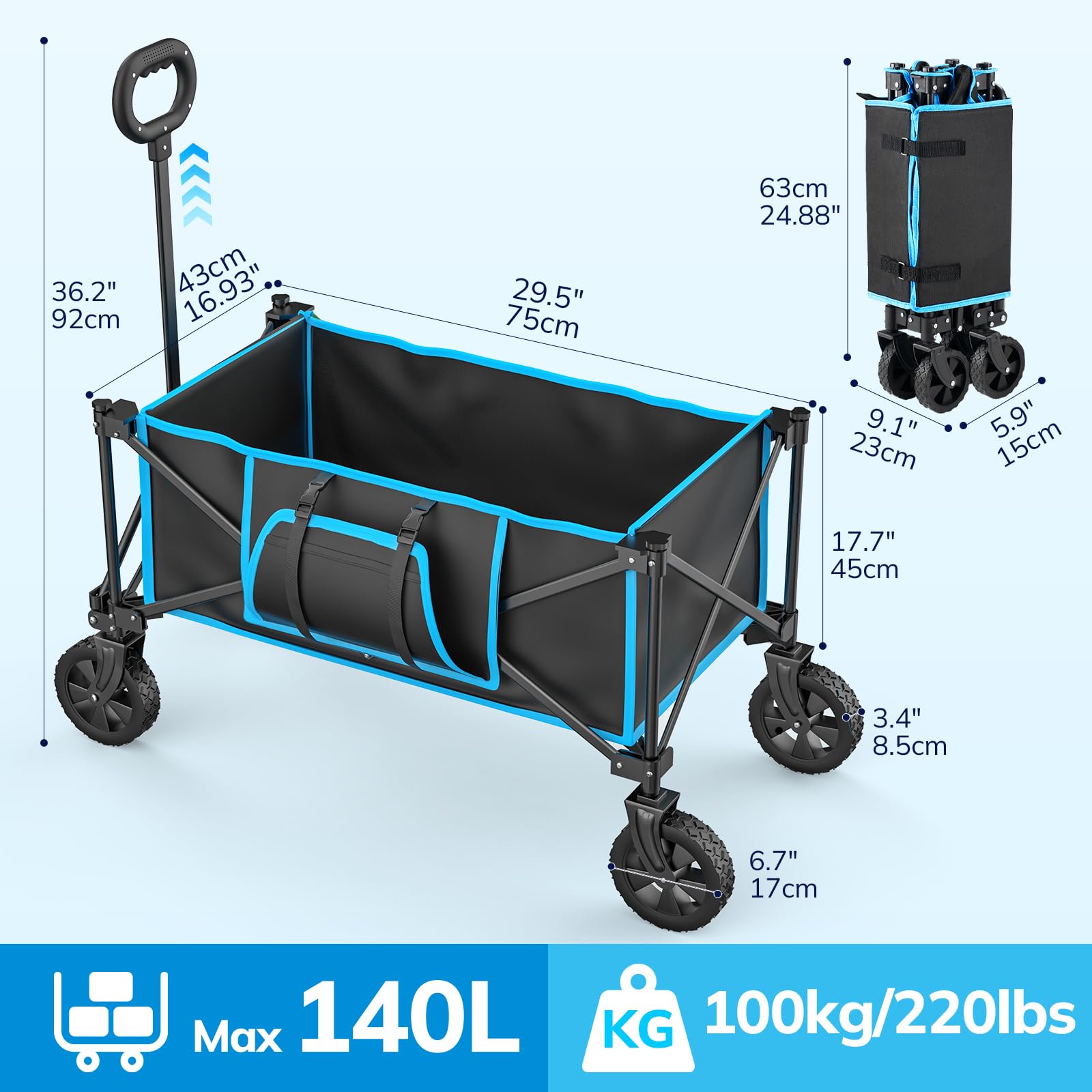 Morpilot Chariot de Plage Pliable à roulettes 68KG, Charrette de Transport Léger 5.4KG avec Poignée Réglable pour Camping Jardin Pêche Shopping Pique-Nique BBQ Extérieur