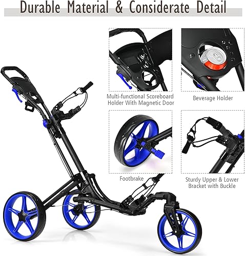 Miniatura 3 de Tangkula Carrito de golf con rueda delantera giratoria de 360, carrito de golf plegable de aluminio de 3 ruedas, carrito de golf con correa