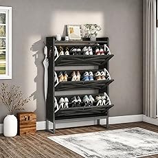 DWVO Farmhouse Shoe Storage Cabinet with 3 Flip Drawers, Slim Shoe Cabinet for Up to 24 Pairs, Narrow Shoe Rack for Entryway, Living Room, Hallway (Dark Rustic Oak)