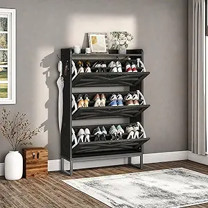 DWVO Farmhouse Shoe Storage Cabinet with 3 Flip Drawers, Slim Shoe Cabinet for Up to 24 Pairs, Narrow Shoe Rack for Entryway, Living Room, Hallway (Dark Rustic Oak)