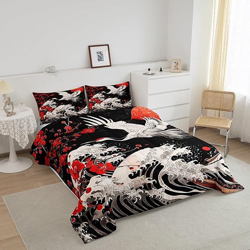 Miniatura 2 de Juego de edredón para niños con grúa de estilo japonés, tamaño Queen, juego de ropa de cama retro con flores de cerezo japonés Ukiyo-e con olas del