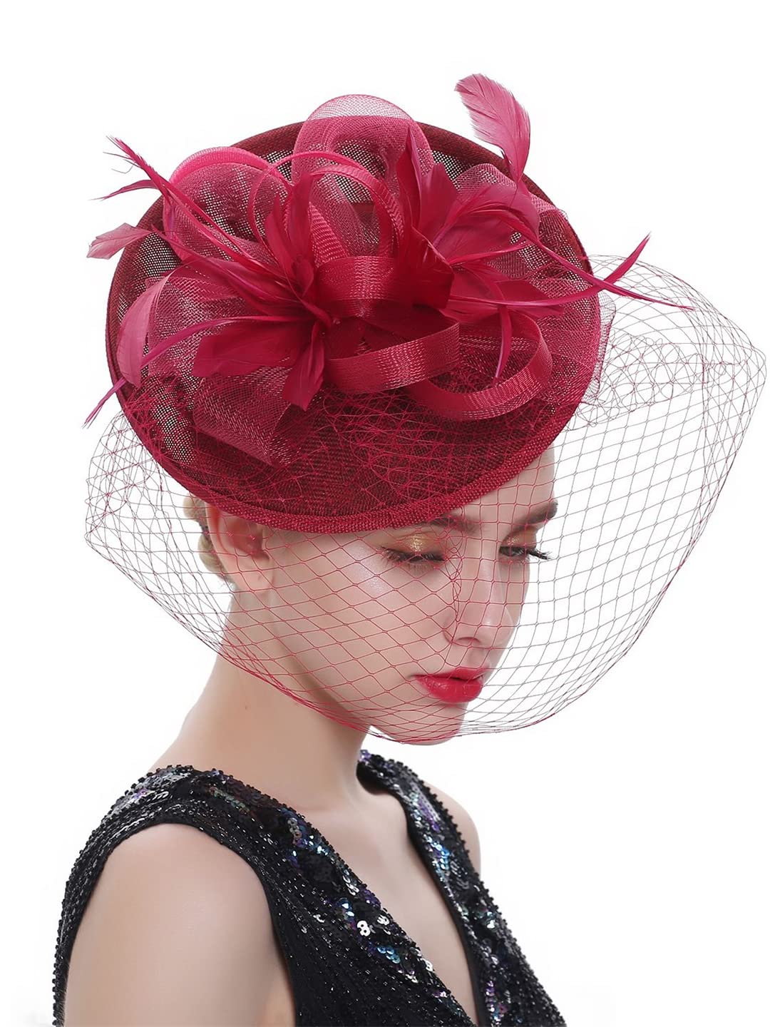 LYGBAOFUL Tocado de Plumas de Velo, Sombrero Formal para Boda, Mujer, Tocado de Iglesia, Tocado para Fiesta de té y cóctel (Borgoña)