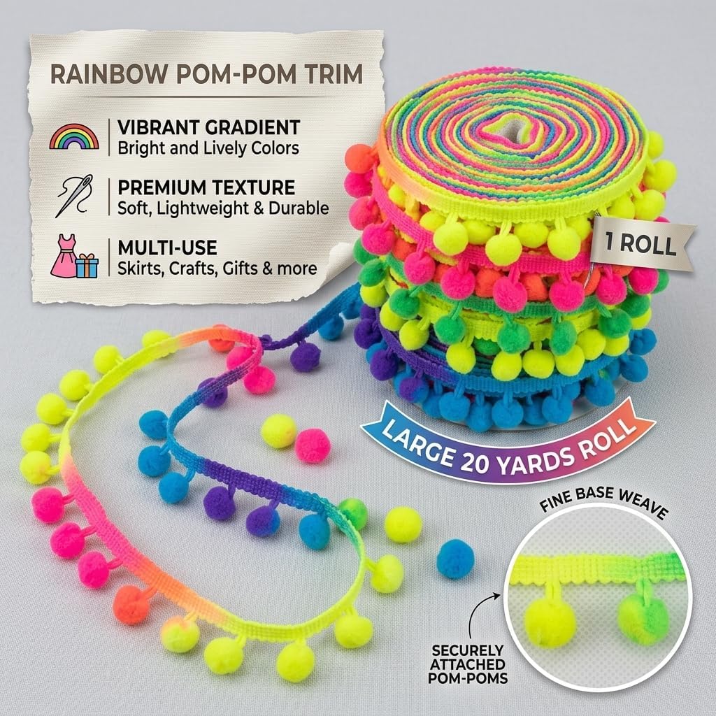 1Roll Rainbow Pom Pom Trim, Rainbow Pompom Ribbon for Sewing Crafts