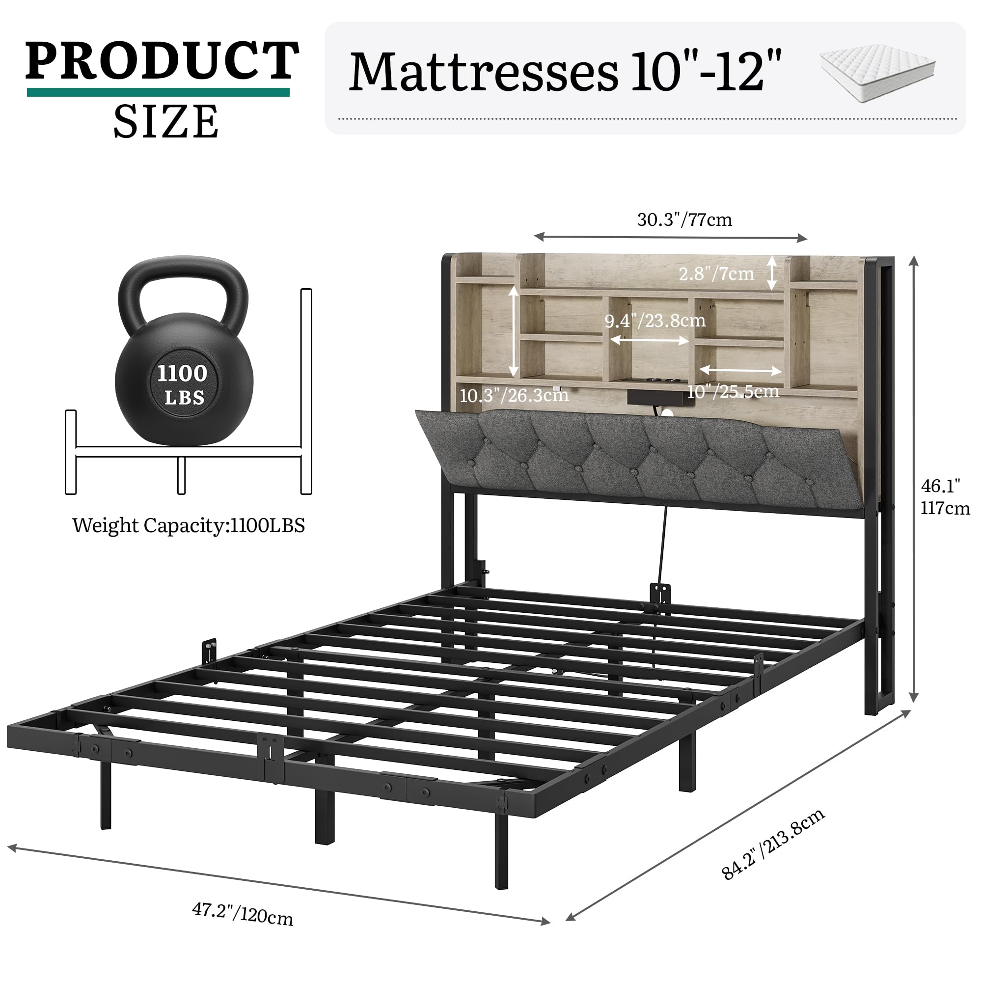 YITAHOME Marco de Cama LED con cabecero de iluminación LED, estación de Carga USB, Incluye cabecero Flotante, Marco de Metal, Funda de Tela en Color Gris sin colchón, 120 x 200 cm | Iluminación LED, estación de carga USB con cabecera, diseño flotante, mar