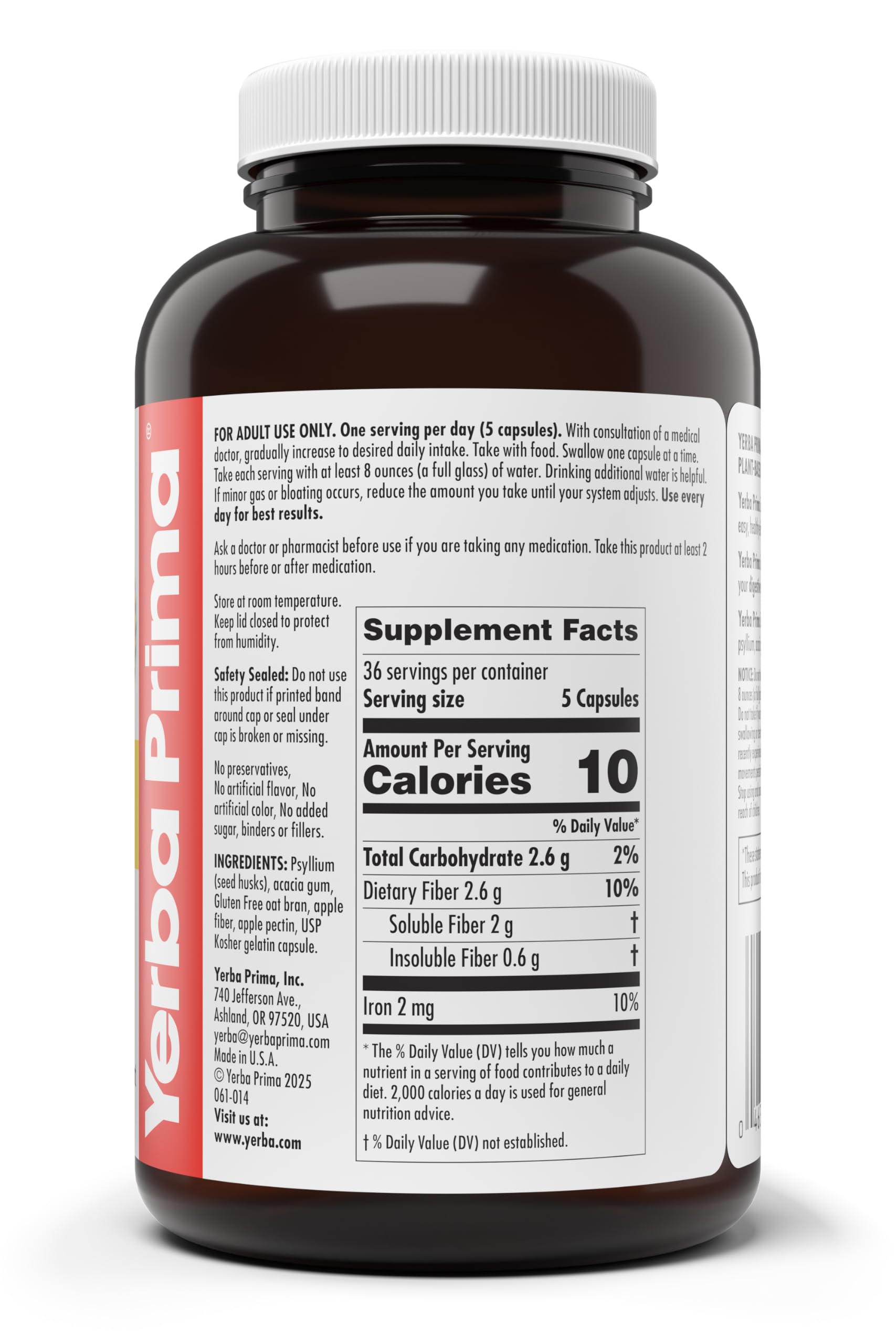 Yerba Prima Soluble Fiber Formula Capsules, 180 Count - Premium Dietary Fiber Supplement, Natural, Concentrated Soluble Fiber, Gluten Free, Non-GMO, Made in USA — Amazon image 4