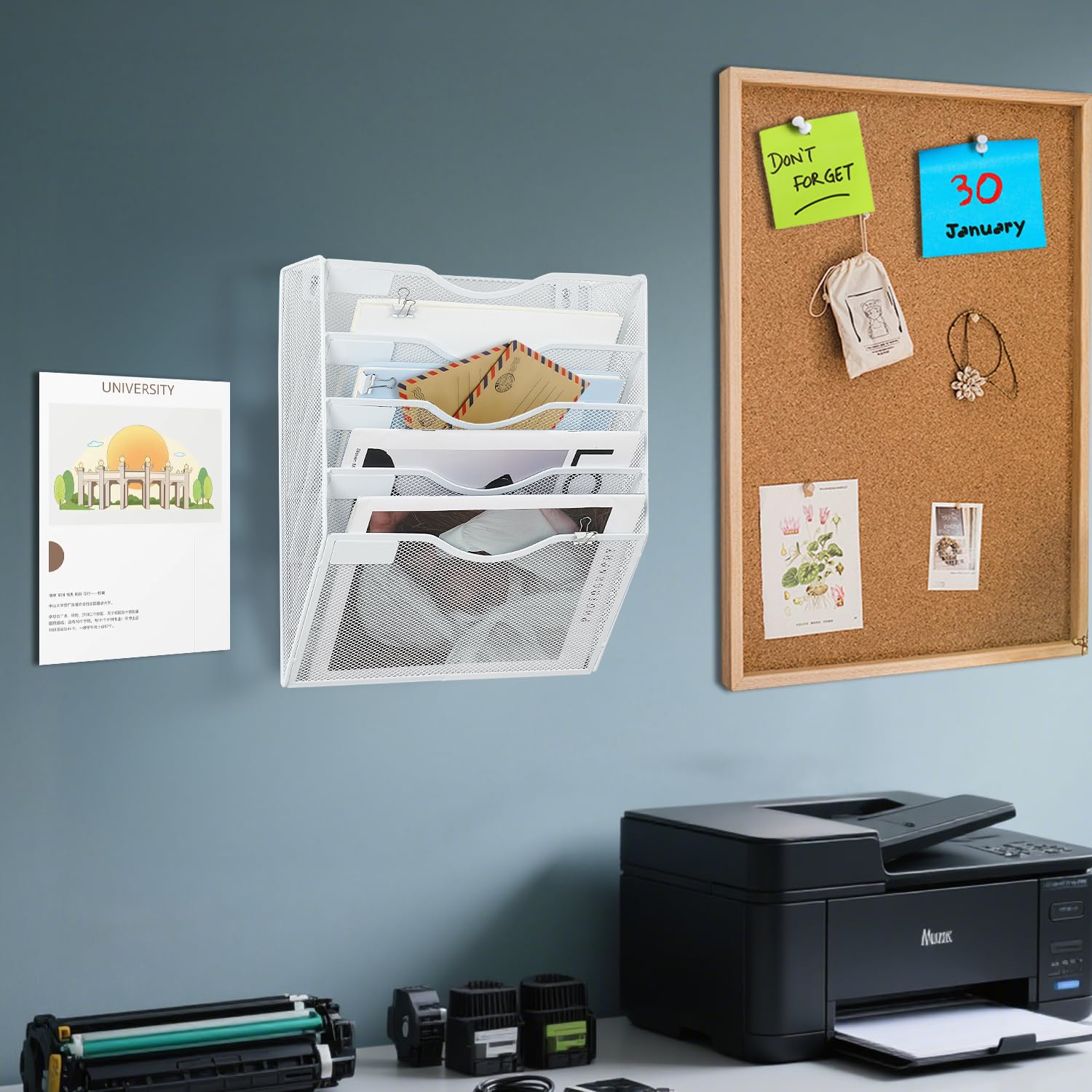 LEKETREE Hängeregal mit 5 Fächern, Netzstoff, Wandmontage, Briefablagen, vertikaler Dokumentenmappenhalter, Zeitschriftenorganisation, Aufbewahrungsregal mit Büroklammern für Büro, Zuhause, Schule