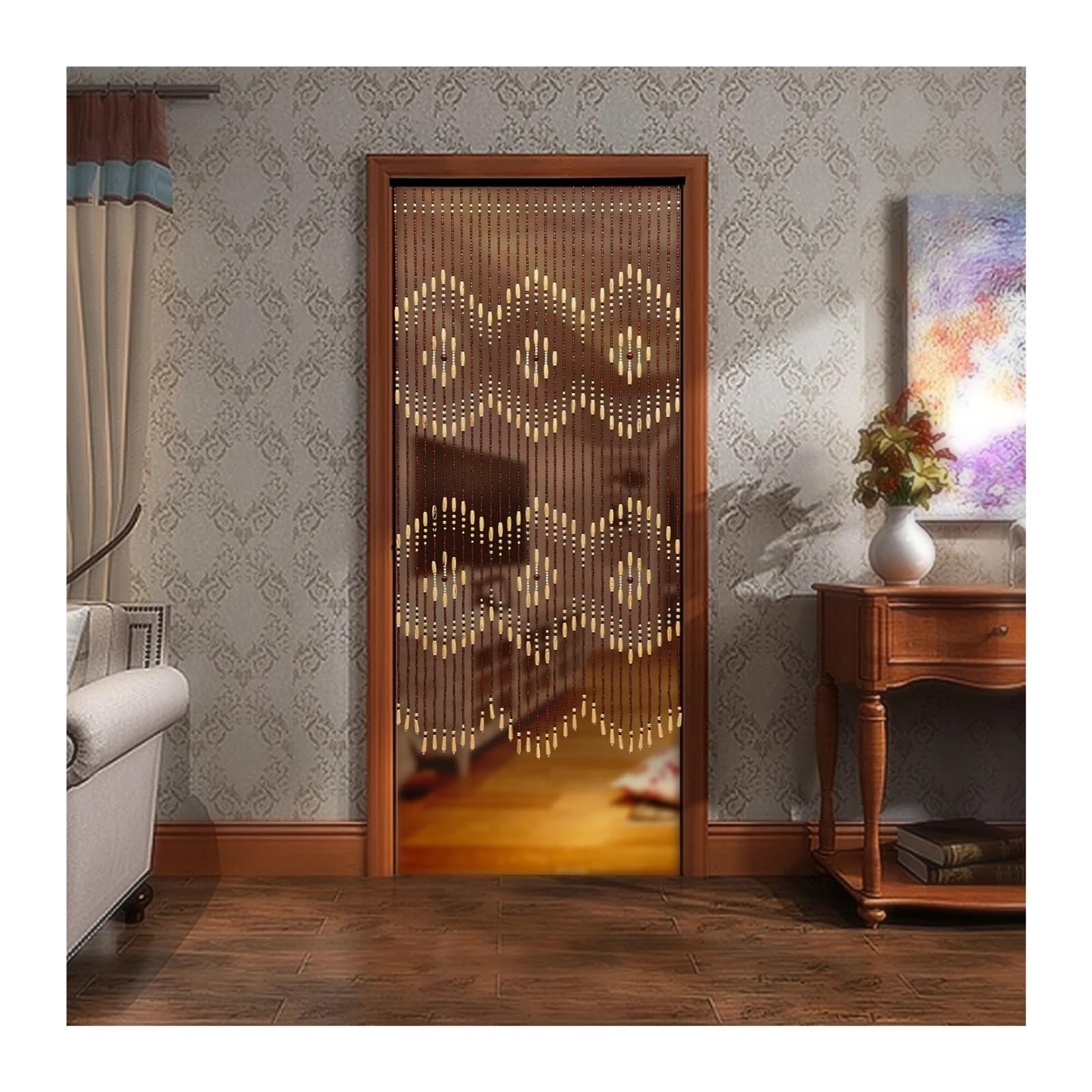 XUWEWI Wooden Door Beaded Curtain, Doorway Beads, Front Decor Curtains, Beige Brown For Doorway