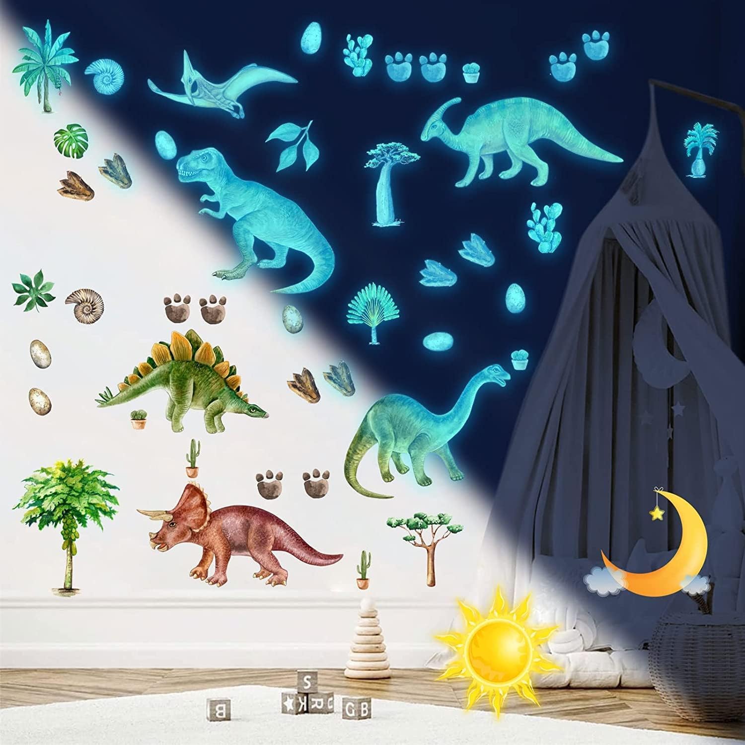Naklejka ścienna z dinozaurami świecącymi, niebieska, do pokoju dziecięcego