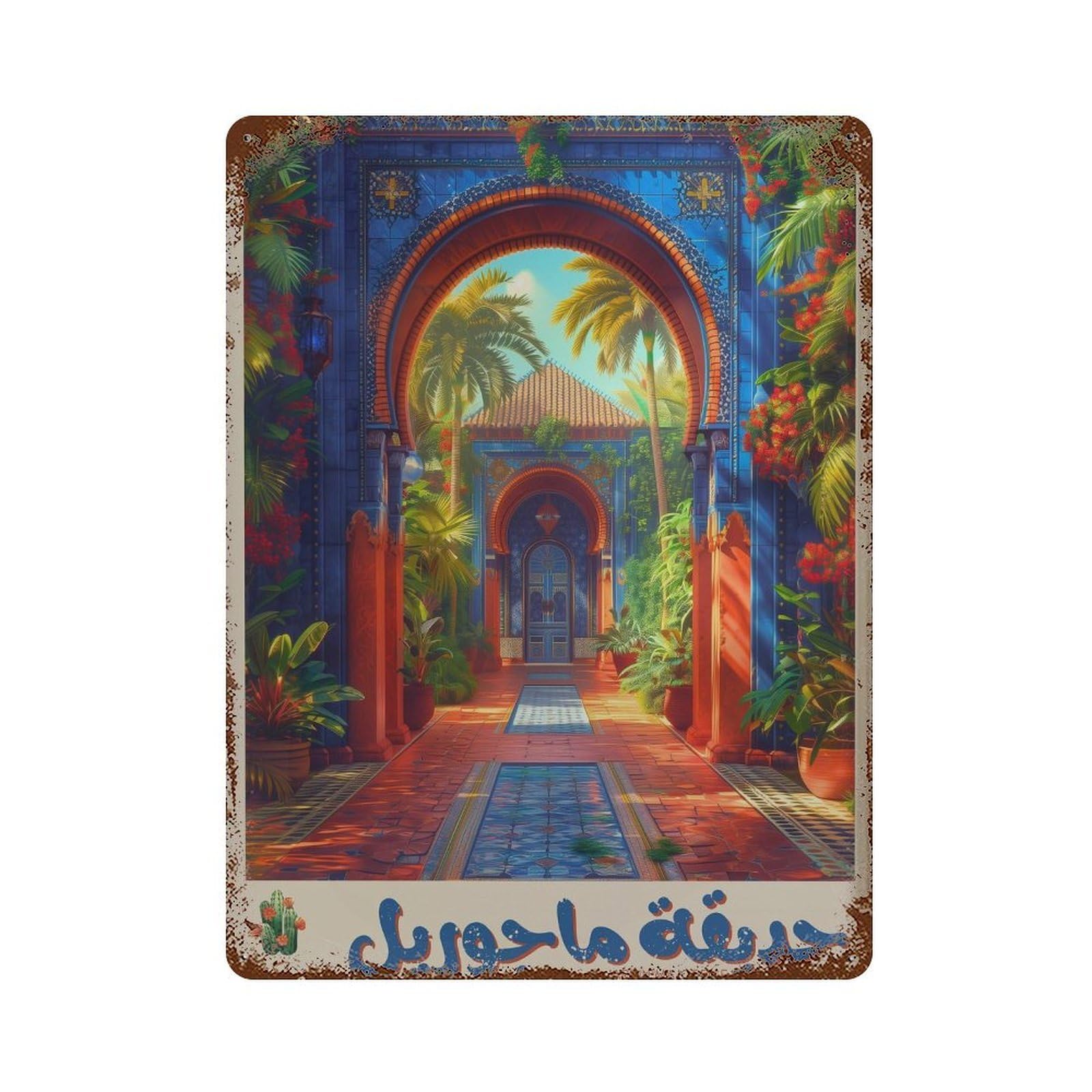 xiaoxiaoshen Jardin Majorelle Morocco Travel Marrakesh in Arabic Wall Decor Art Metal Tin Poster Modern Home Decor Art Home Bar Shop Decorations Vintage Sign 40x30cm