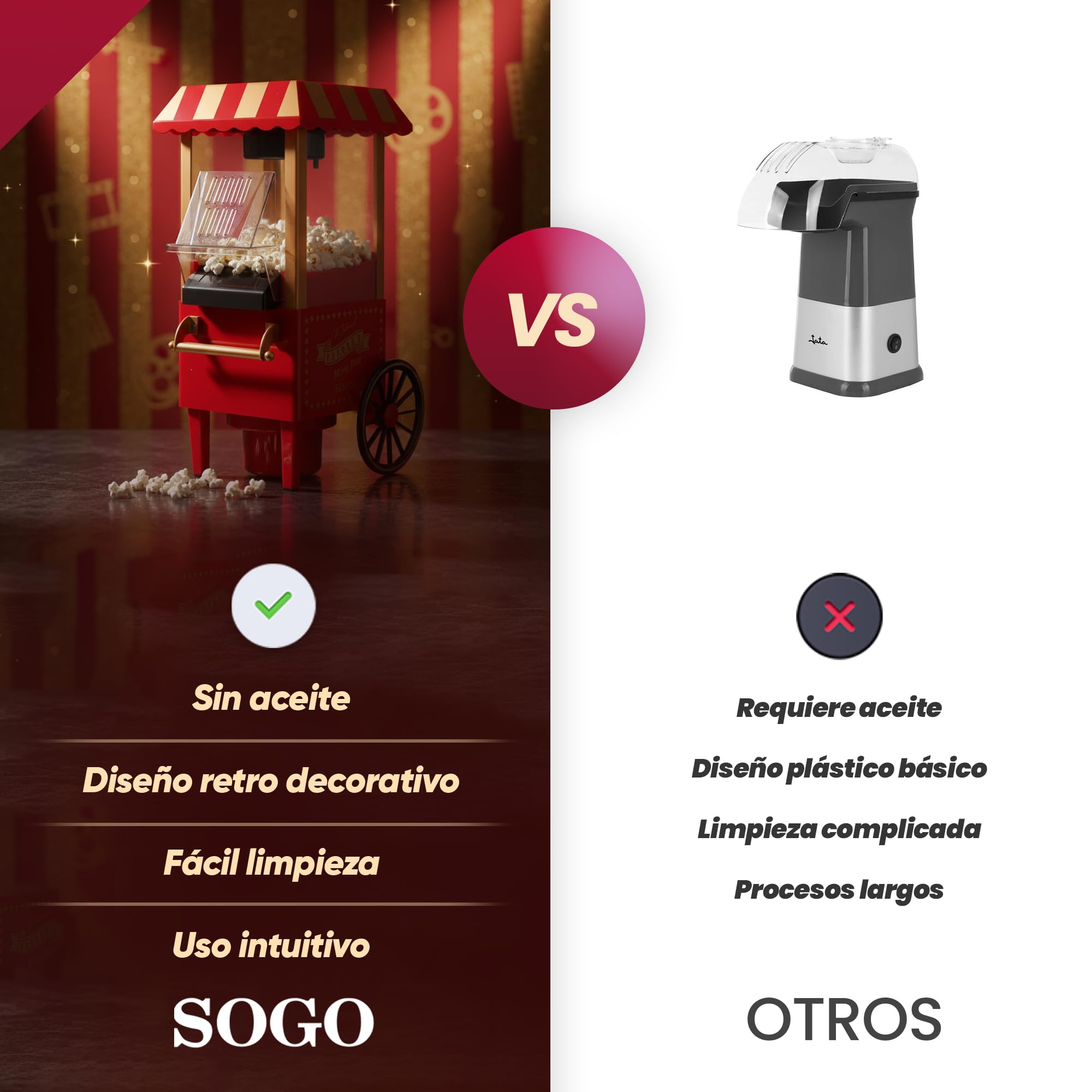 SOGO Machine à Pop-Corn rétro 1200 W sans Huile ni Beurre, Facile à Nettoyer, SS-11330