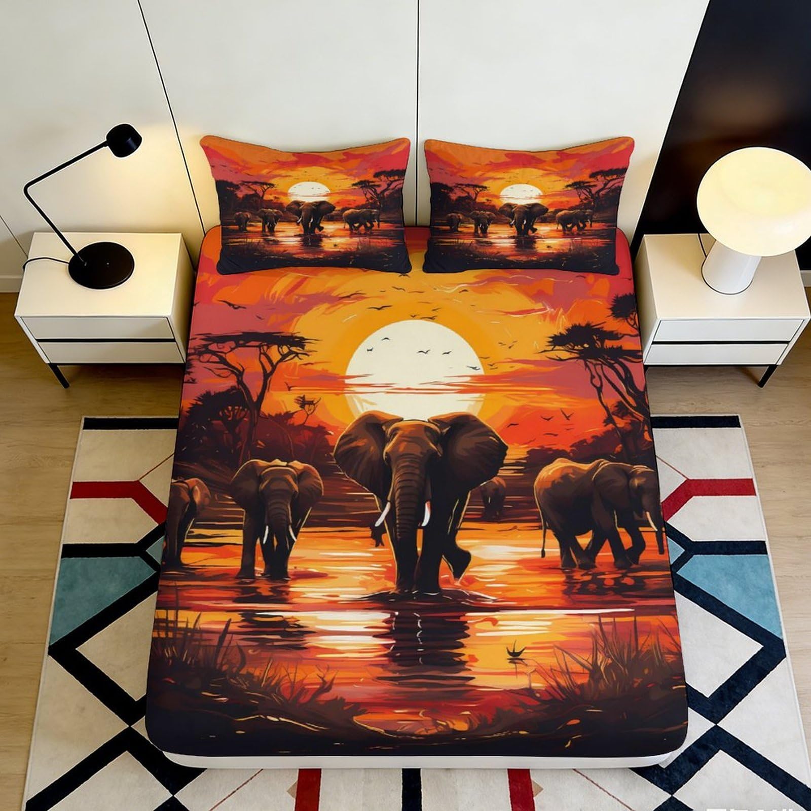 3D Printed African Sunset Fitted Sheet Microfiber Elephant Safari Bed Cover for Bedroom Guest Room Decor 90x200x25cm