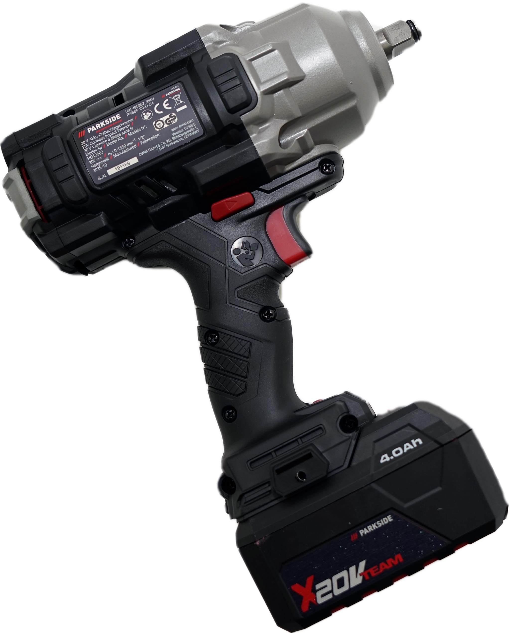 HEADNMORE PARKSIDE PERFORMANCE 20 V 1356 Nm 1/2" Atornillador de impacto con batería de 4 Ah y cargador – X 20 V Team (calcetines de trabajo)