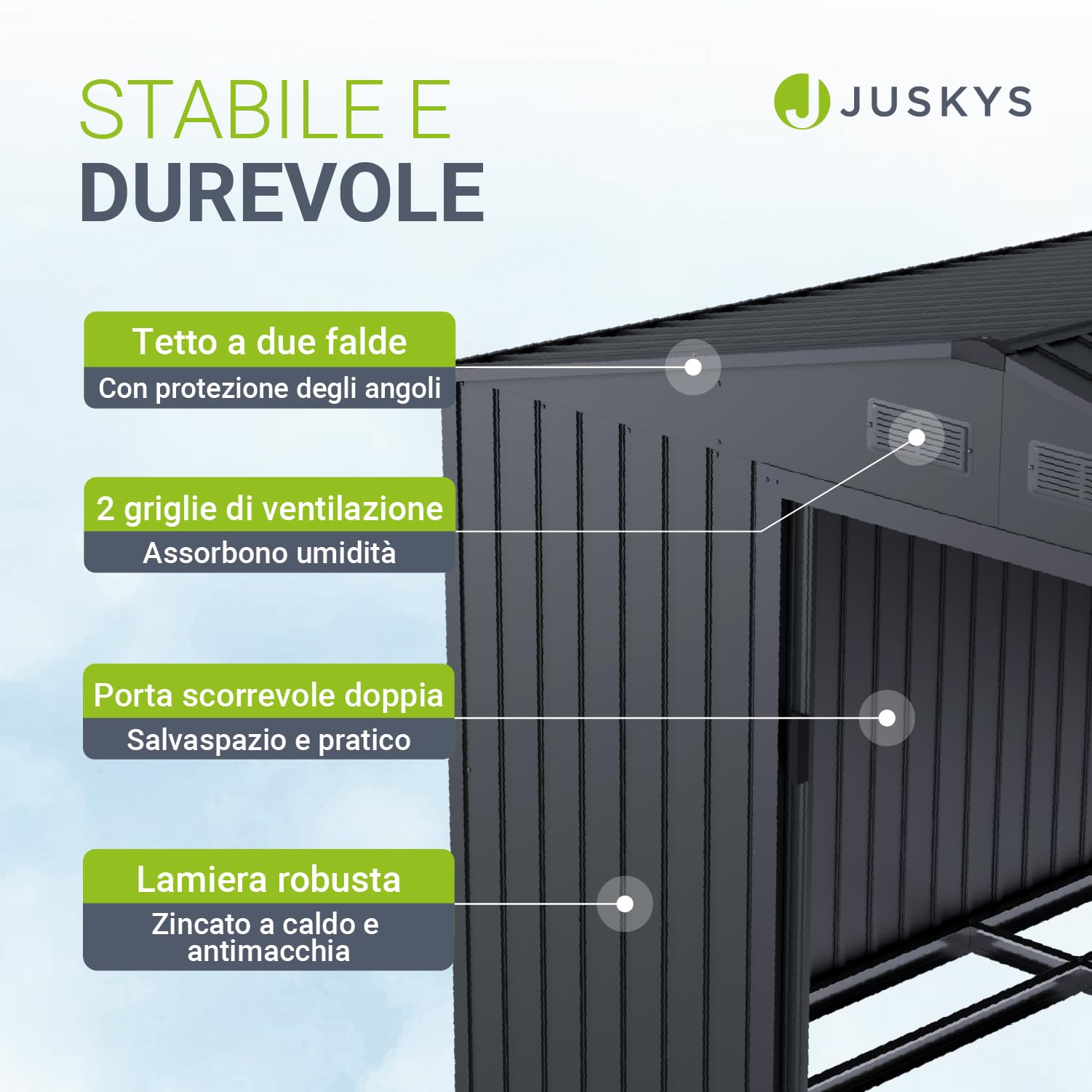 Juskys casetta in metallo XXL – grigio scuro, resistente alle intemperie con telaio di fondazione, porta scorrevole & chiudibile – per giardino & ripostiglio