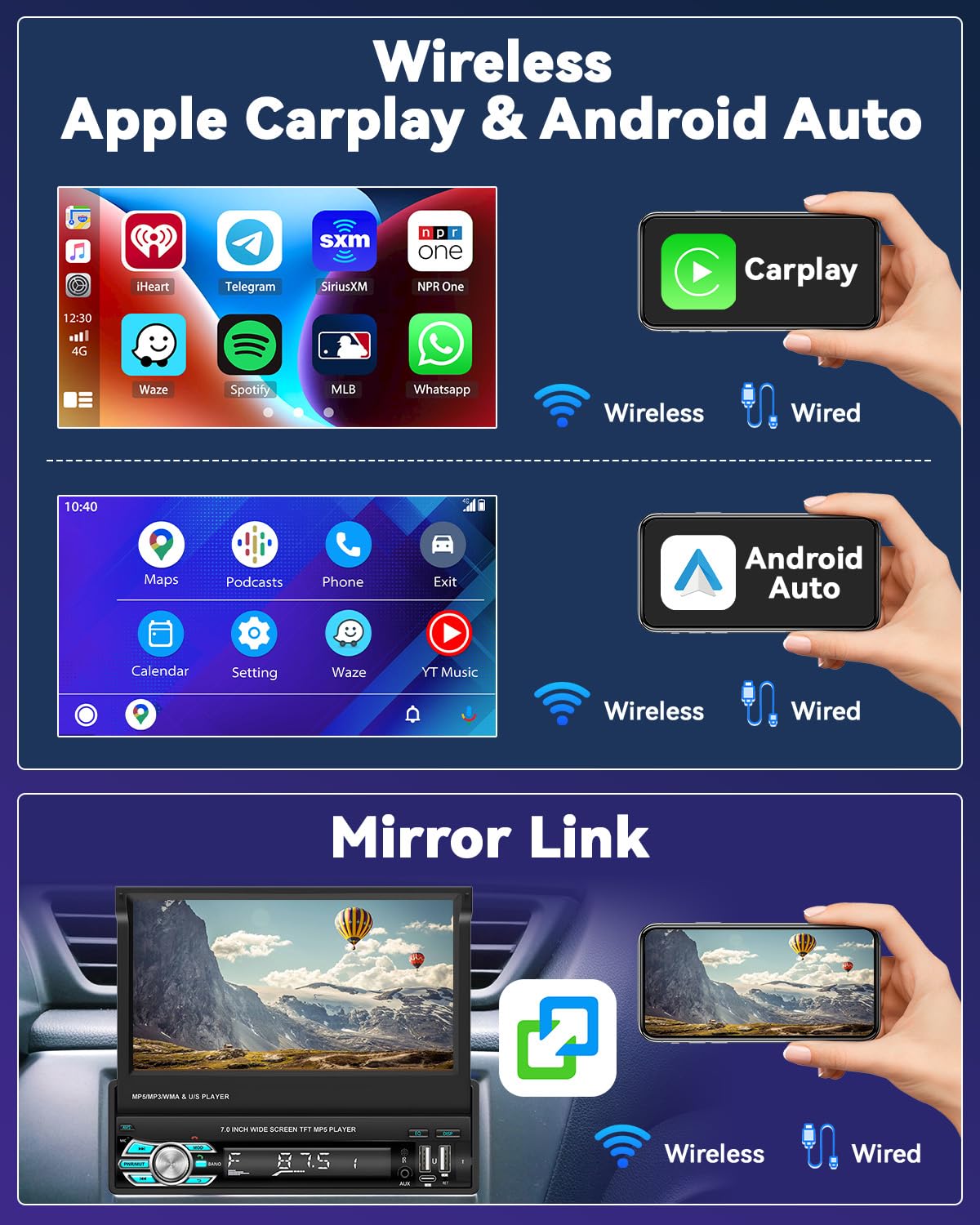 Autoradio 1Din Wireless Carplay Android Auto mit Ausfahrbarem 7" Bildschirm Autoradio Stereo mit Bluetooth-Freisprecheinrichtung USB Typ-C Schnittstelle AUX FM RDS Mirror Link Rückfahrkamera