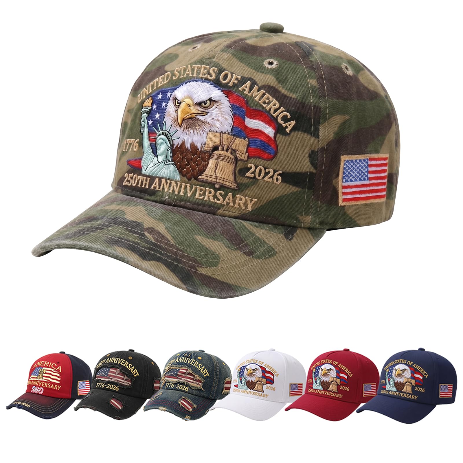 WruFiz 250th Anniversary USA Hat 1776-2026 Patriotic Baseball Cap, Retro Embroidered Adjustable Washed 250 Year Independence Commemorative Gift for Men Women Veterans