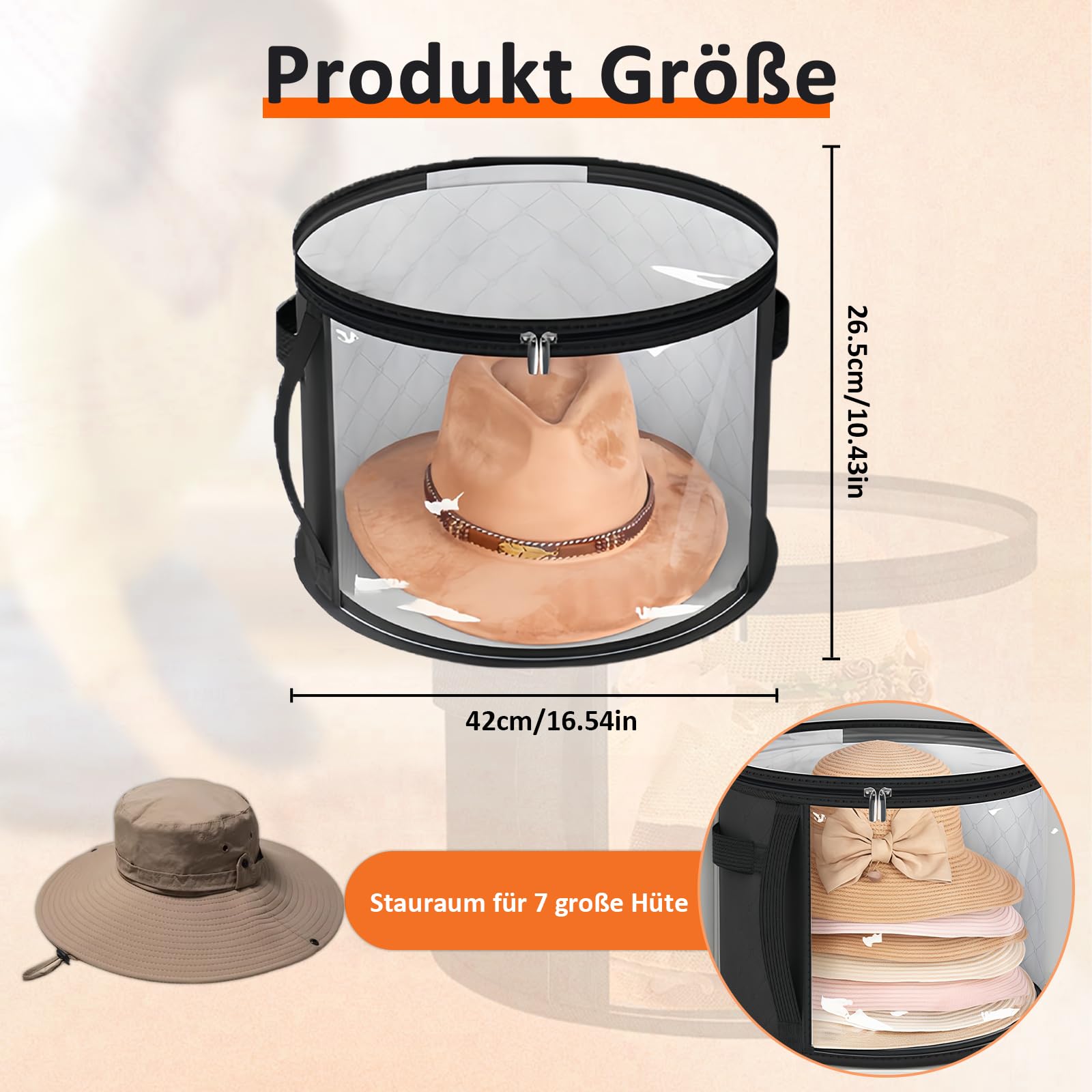 Scatola per cappelli rotonda con coperchio, valigia per cappelli rotonda, scatola per la conservazione dei cappelli con finestra trasparente e manico stabile, conservazione per cappelli per grandi