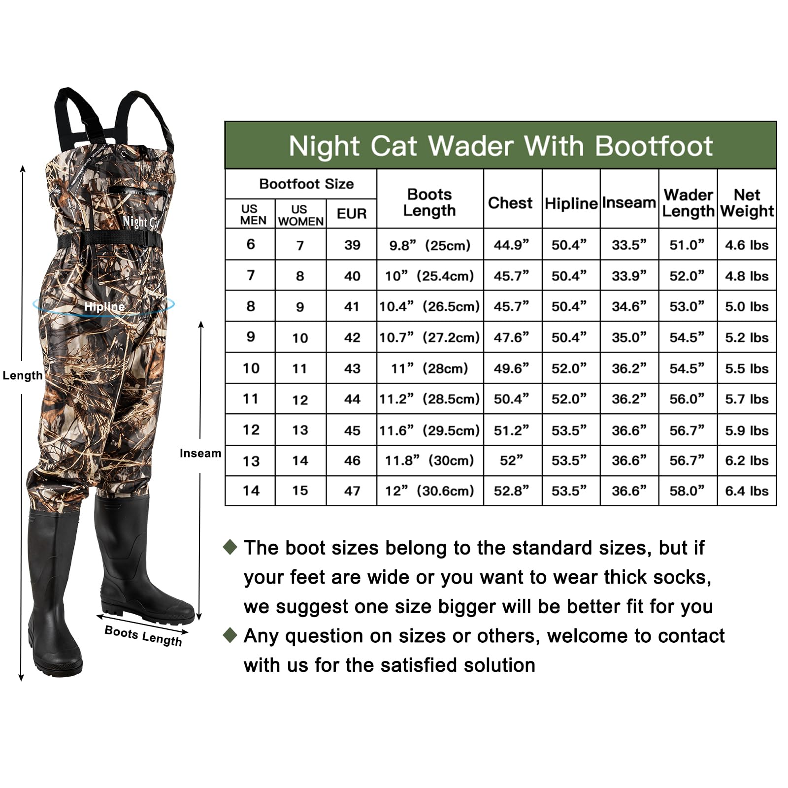 Notte Gatto Pesca Trampoliere Camoflage per Uomini Donne Impermeabile Caccia Petto Wader con Cintura Bootfoot Traspirante Leggero Taglia 6 a 14