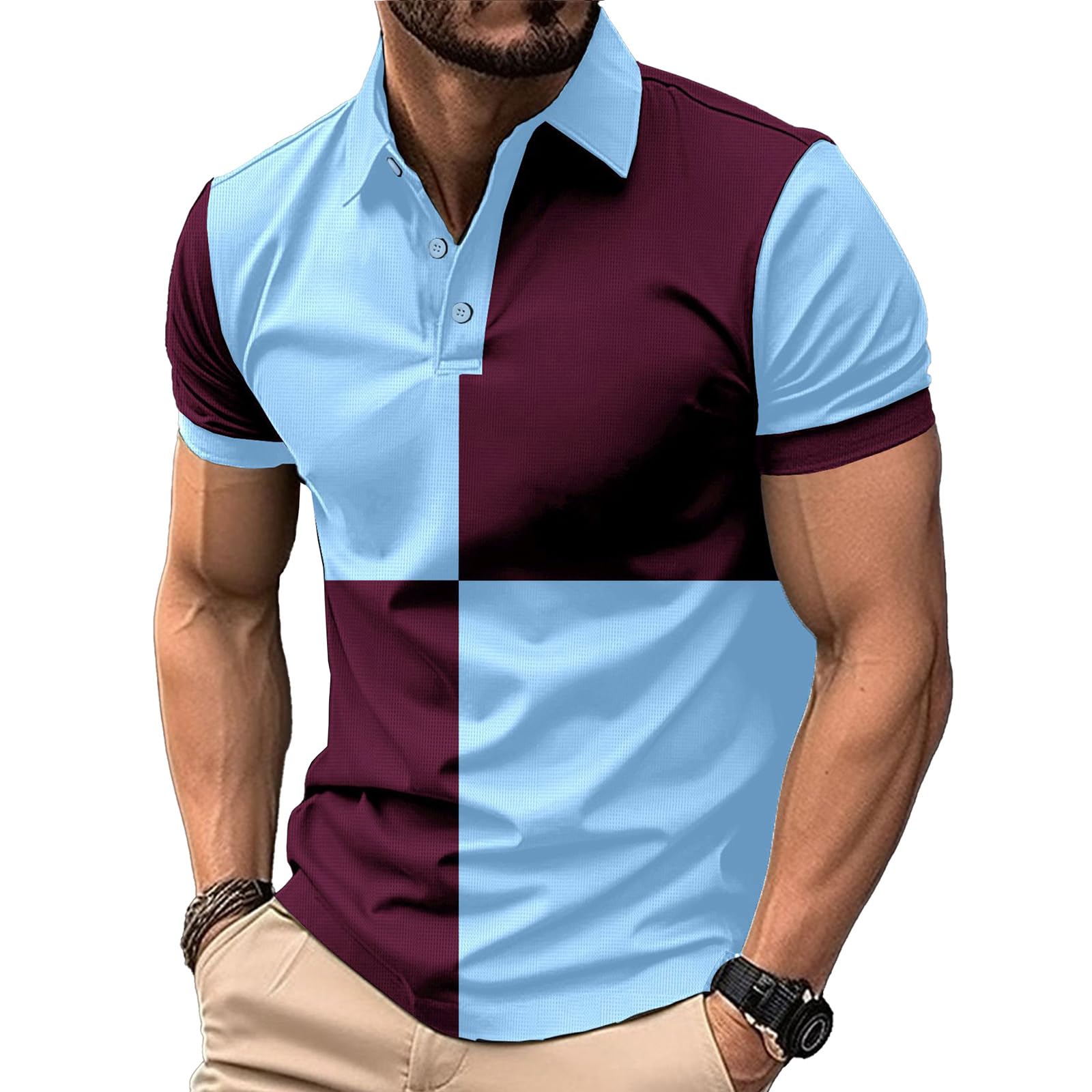 DEEX L Blue Mixed Red Men's Polo Shirts Short Sleeve 2026 Casual Polo T Shirt Color Block Slim Fit Summer Collared Golf Shirts