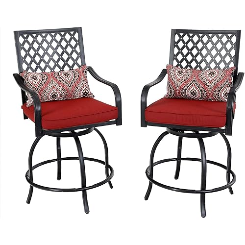 PHI VILLA Outdoor Swivel Bar Stools Set of 2, 27.5" Bar Height Patio Chairs with Red Seat Cushion, Extra Wide Bar Stools with Armrest & Back, Coating Old Craft (Pillow Included)