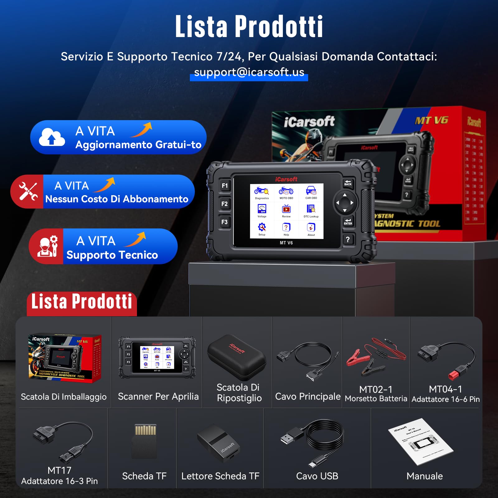 iCarsoft MT V6 - Diagnostico per moto Aprilia, diagnosi di sistema, 88 servizi di manutenzione, 123 test bidirezionali, lettura e cancellazione dei codici di errore, test della batteria