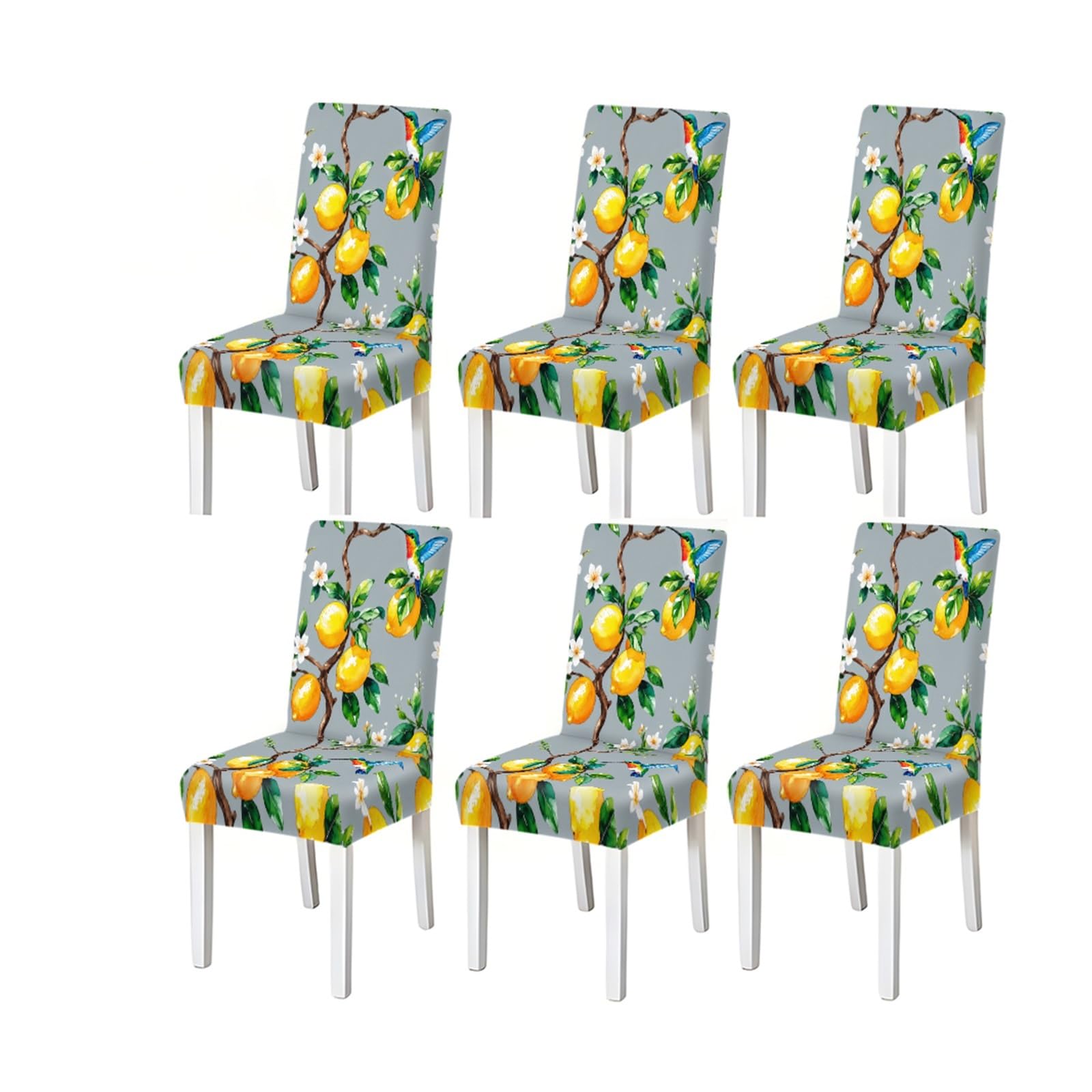 BOSUYBN Lemon & Hummingbird Print Stretch Dining Chair Covers, Set Of 2/4/6 Furniture Protectors for Home Dining Room(6PCSChair cover)