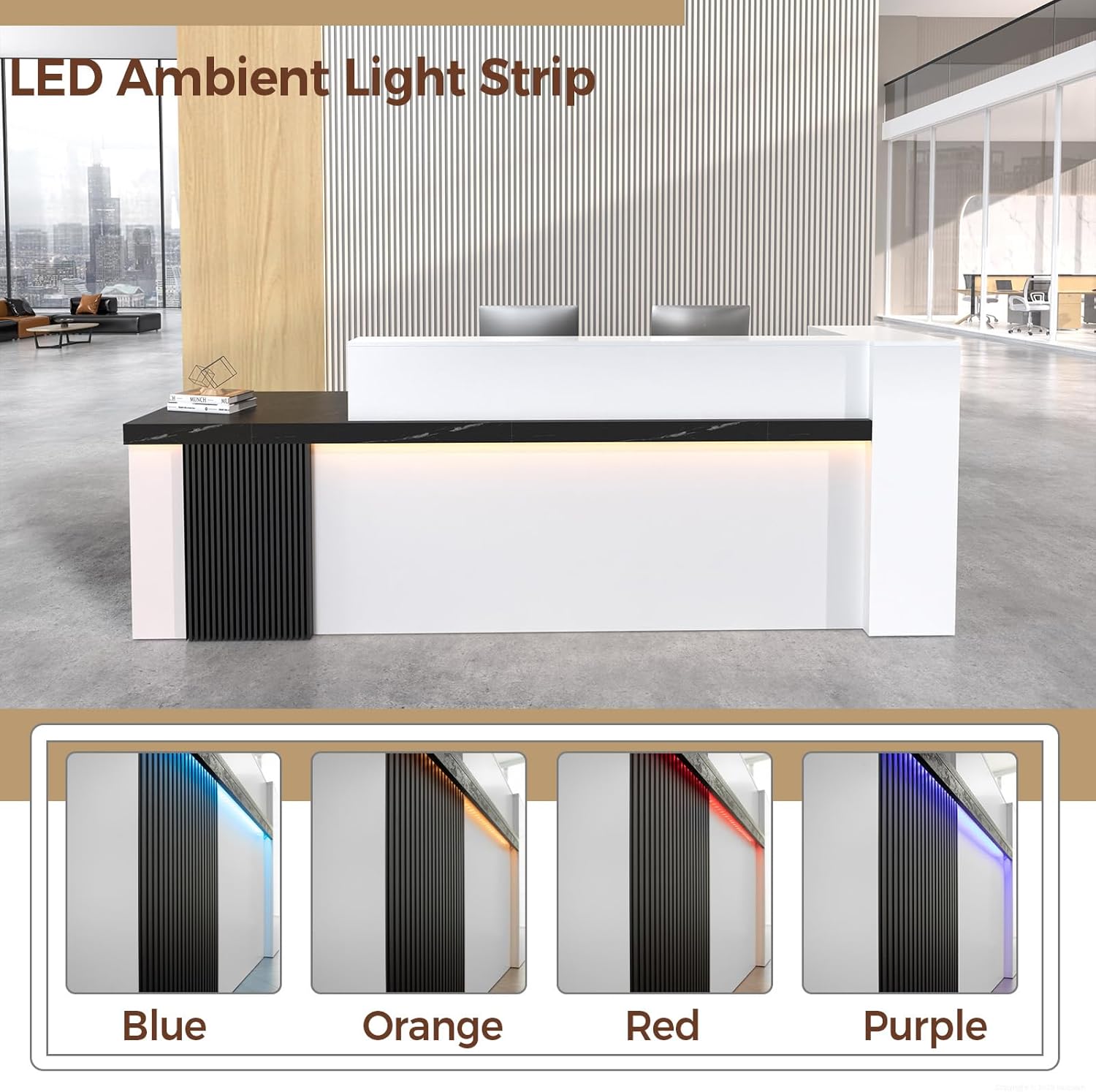 71" Modern L-Shaped Reception Desk with Counter, Lockable Drawer, Keyboard Tray, LED Light & Storage Shelves, Left Layout, Black Grain + White Grain