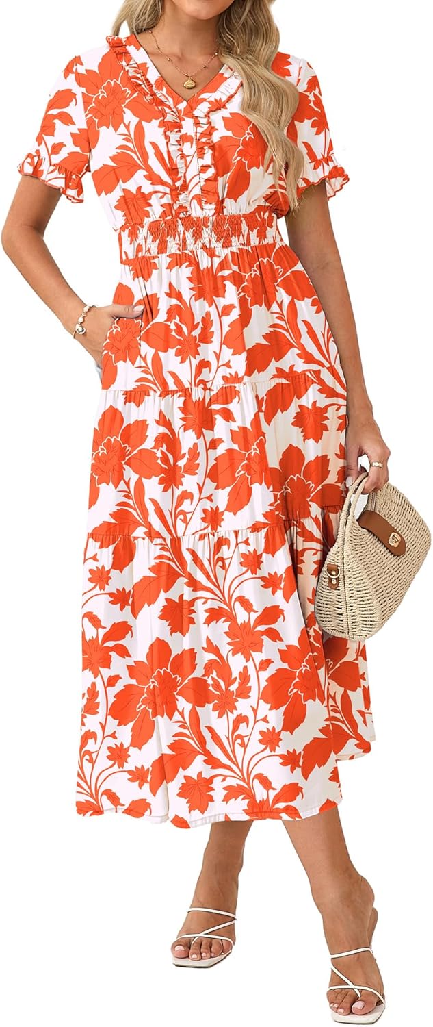 GRACE KARIN 2026 Women's Short Sleeve V-Neck Ruffle Maxi A Line Dresses with Pockets
