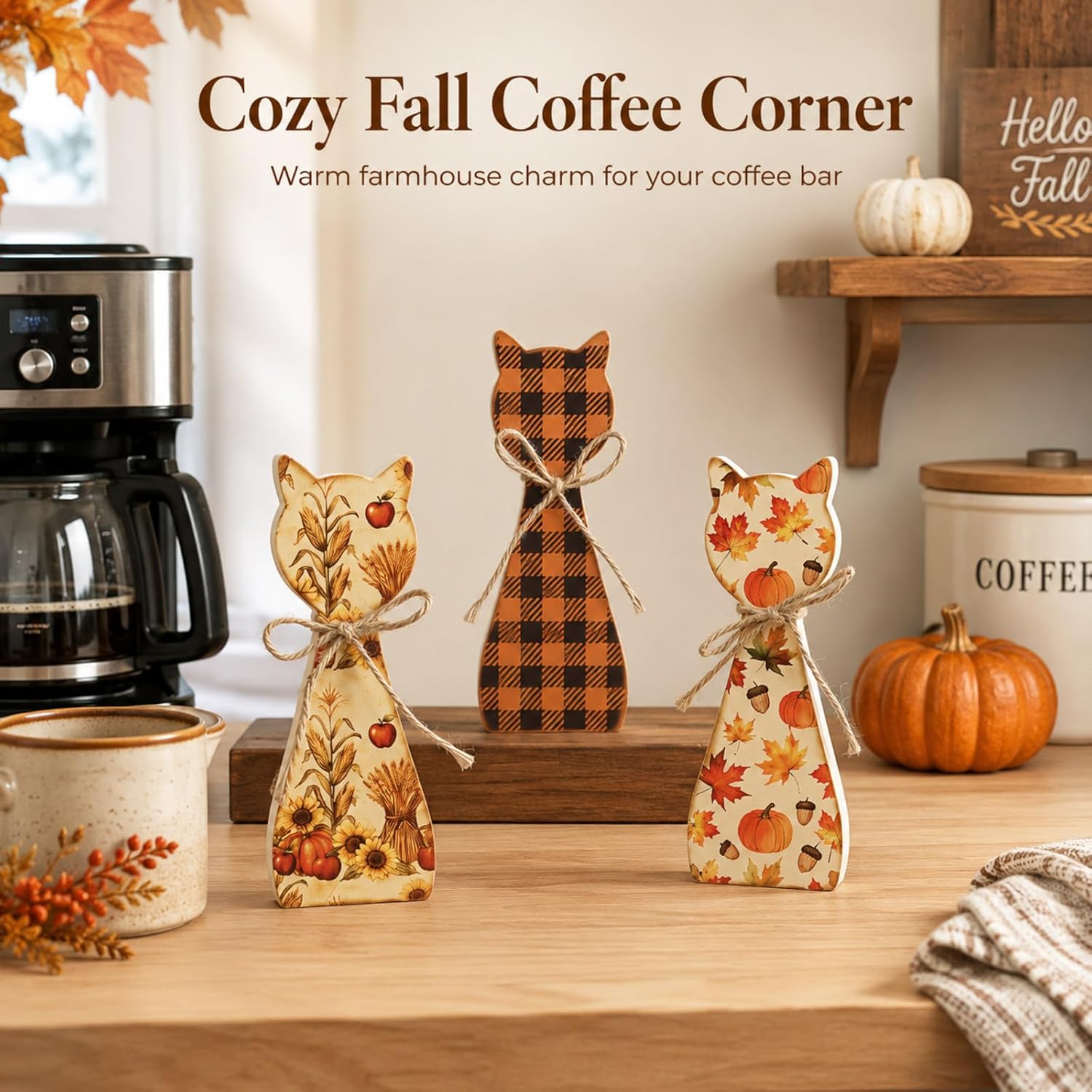 3 Pcs Fall Cat Home Decor for Tiered Tray, Table, Mantle, Shelf image 3
