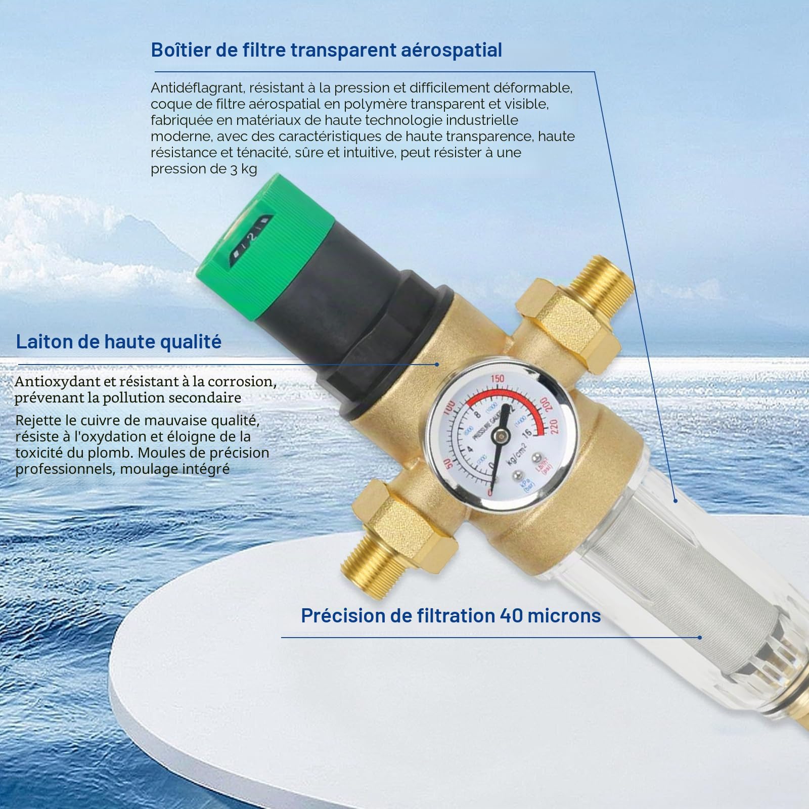 Filtre de rinçage, réducteur de pression, filtre à eau avec manomètre, réducteur de pression d'eau, pré-filtre à sédiments, filtre fin rinçable, filtre à eau Spin Down Sediment (1" avec adaptateur
