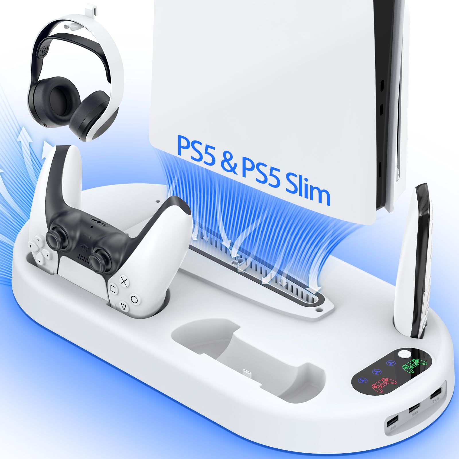AMZDM Stacja chłodząca do PS5 Pro ze stacją ładującą do konsoli PlayStation 5 ze stacją dokującą i ładowarką PlayStation 5 Pro oraz dyskiem cienkim i cyfrowym, biała