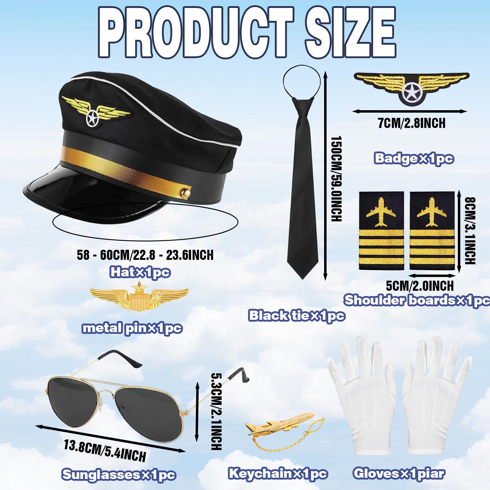 Pilot Hat Costume Set Adults Flight Attendant Fancy Dress Kit Captain Party Cosplay Accessories Airline Stewardess Costume Hat Brooch Gloves Sunglasses for Halloween Dress Up Flying Partys (Man) - Image 2