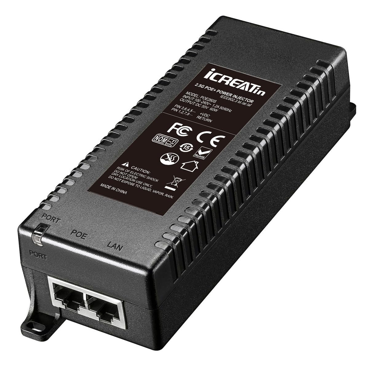 2.5G POE++ Injector 60W, IEEE 802.3bt/af/at, 2.5Gbps/1Gigabit PoE+ Ethernet Adapter, 2.5G Base-T Compliant, Network a PoE Device up to 328ft, for High Power PTZ Camera, VOIP Phone, WiFi 6 AP etc.