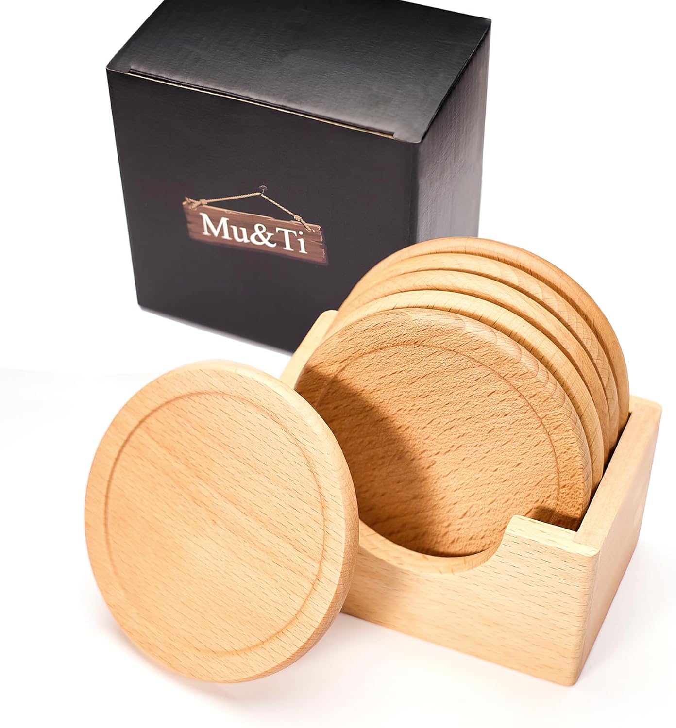Mu&Ti Wood Coaster, Coffee Beer Coaster.100% Natural Beech Wood Coaster, 6-Piece Coaster Set, Holder Included (Beechwood) - Image 7