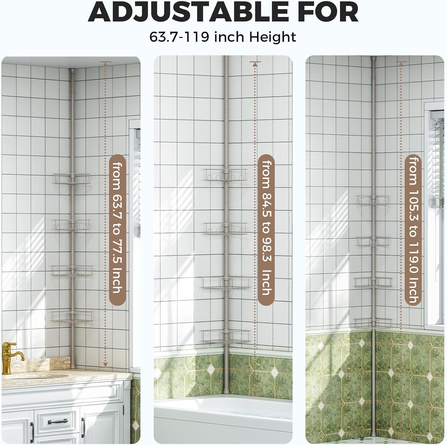 Urackify Corner Shower Caddy Tension Pole, 4 Tier Adjustable Bathroom Organizer Shelves, Shower Storage With Hidden Hook & Towel Holder,63.7-119 Inch No-Drill Quick Installation Shower Rack,Sliver
