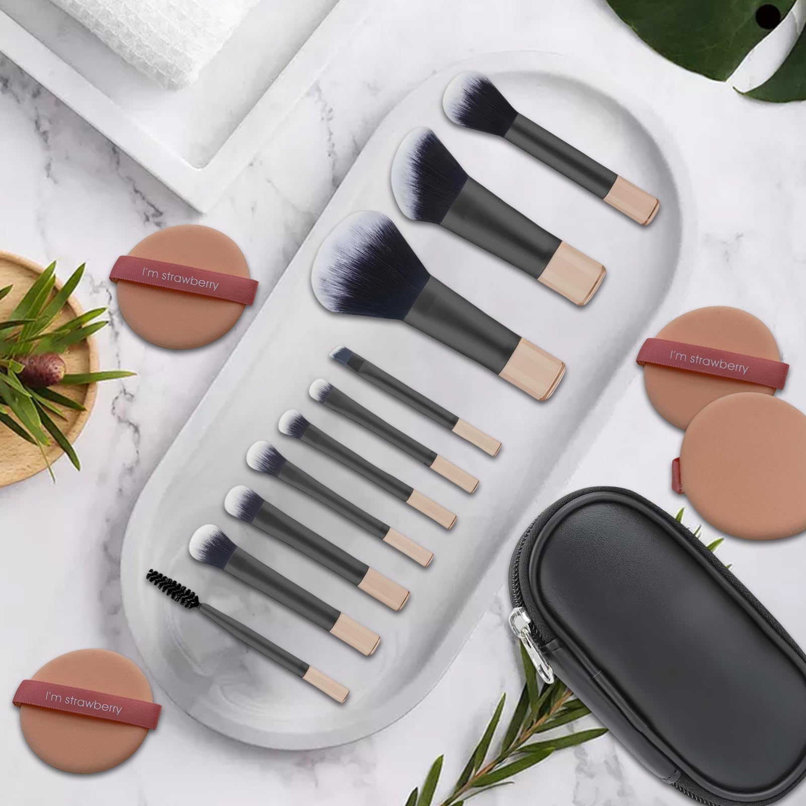 Set di 10 pennelli da trucco da viaggio, portatili, formato da viaggio, mini pennelli da trucco con custodia e 4 spugnette per cipria, pennelli cosmetici professionali per fondotinta, correttore