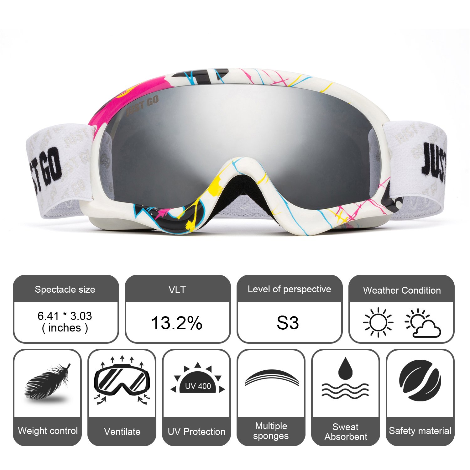 JUST GO Gogle narciarskie dla dzieci z etui EVA, gogle snowboardowe, przeciwmgielne, dwuwarstwowe soczewki ochronne UV 400, dla chłopców i dziewczynek, wielokolorowa ramka, srebrne soczewki (VLT 13,2%