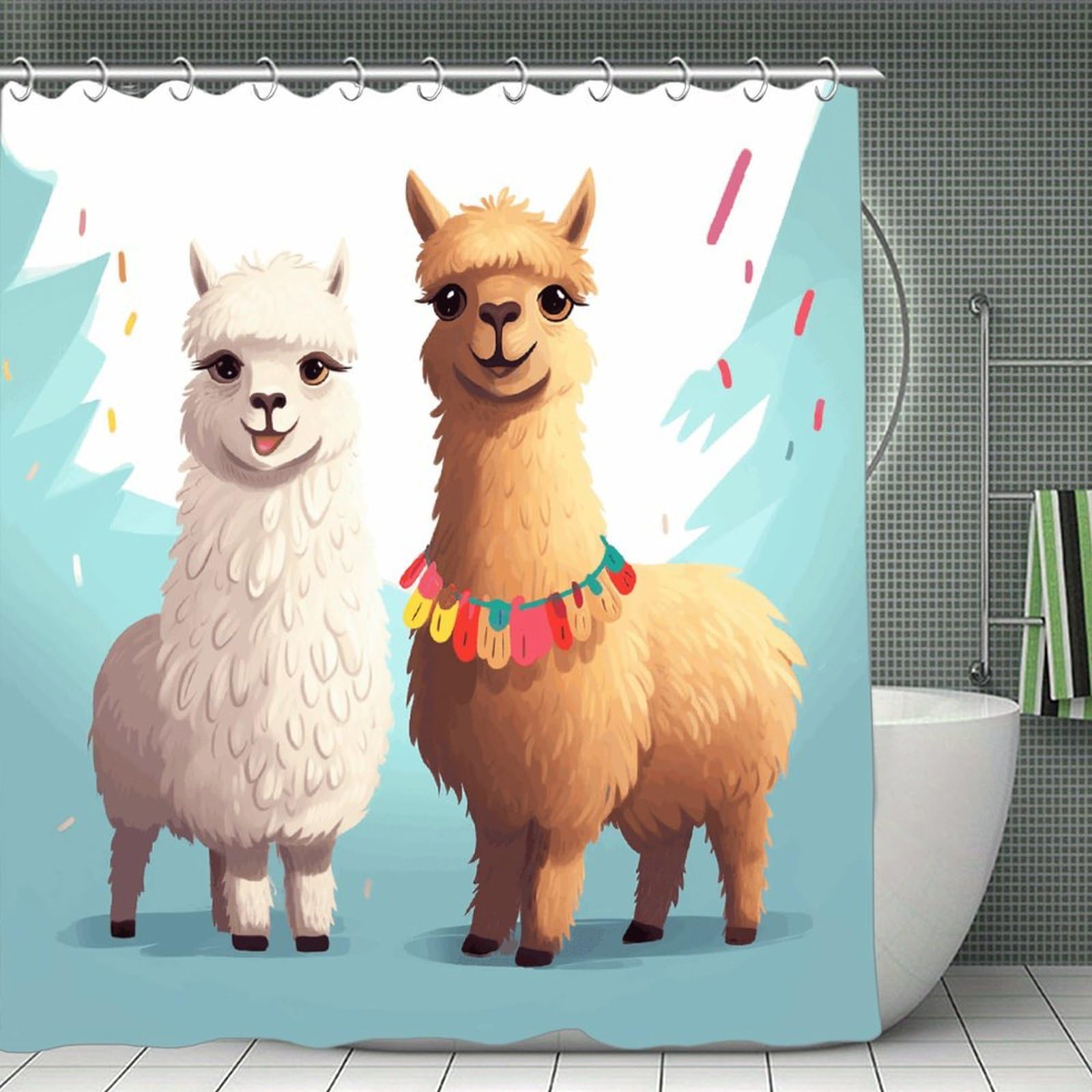 VstaDank Llama Alpaca Shower Curtain Waterproof Bathroom Curtain with Hooks Luxury Weighted Bath Curtains for Bathtubs Showers Room Dividers Decorative Shower Curtains 71x71 in