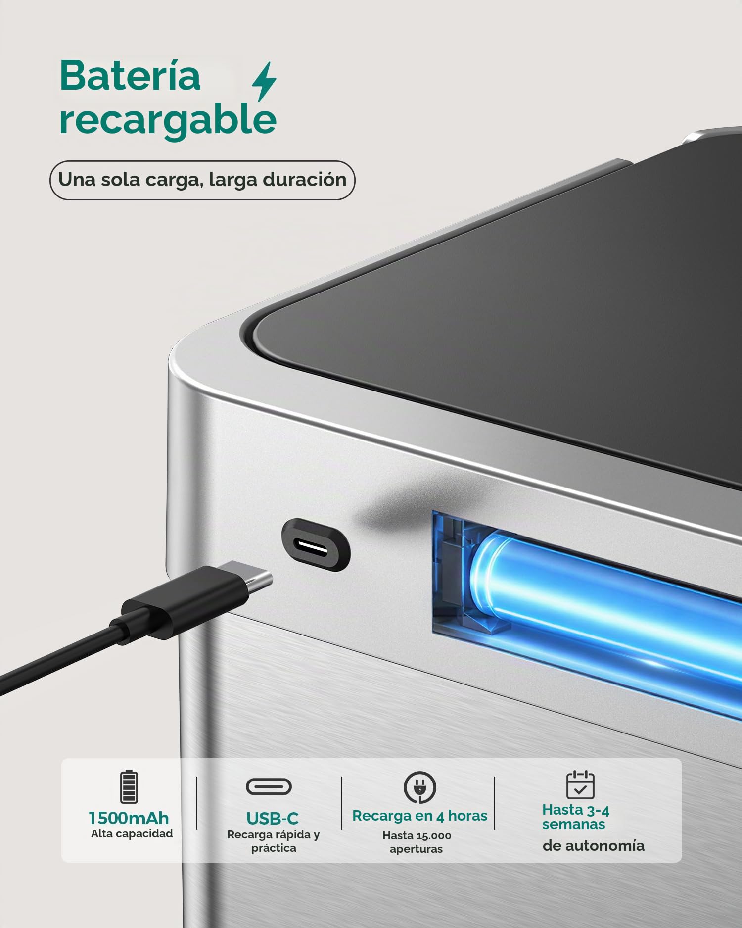 lovewind Cubo de Basura Cocina con Sensor 55L, Cubo Basura Automático Recargable con Puerto USB-C, Cubo de Basura Inteligente de Acero Inoxidable con Tapa, para Cocina y Oficina, Plata