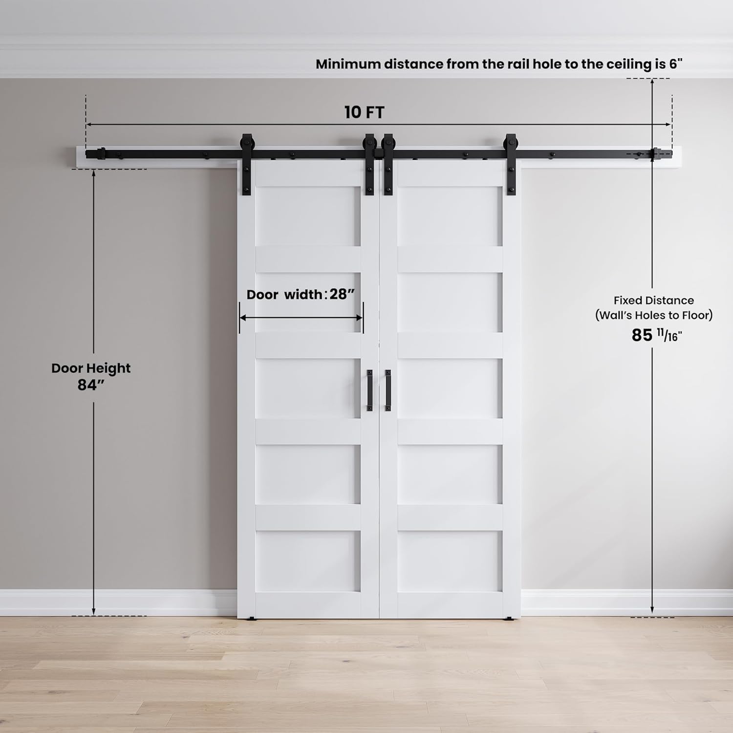 SmartStandard 56in x 84in (Double 28x84 Door) White Barn Door with 10FT Sliding Door Hardware Track Kit Included, Solid MDF Slab, 5-Panel, Suitable for Openings up to 54in x 82in