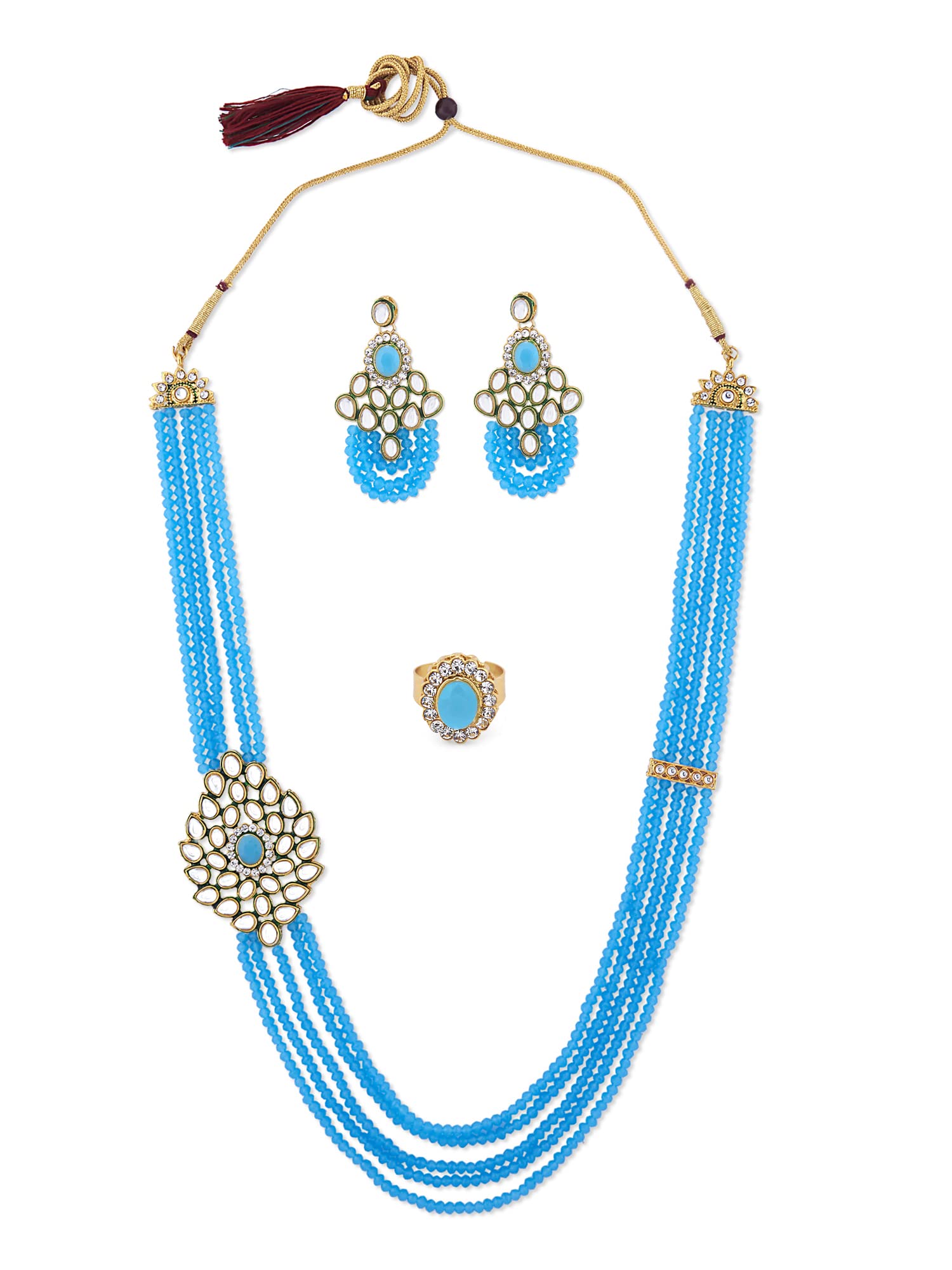 ZAVERI PEARLS Turquoise Blue Crystals Beaded Multistrand Side Brooch Necklace Earring & Ring Set For Women-ZPFK13060 (B09WVLYVJT) Amazon Price History, Amazon Price Tracker