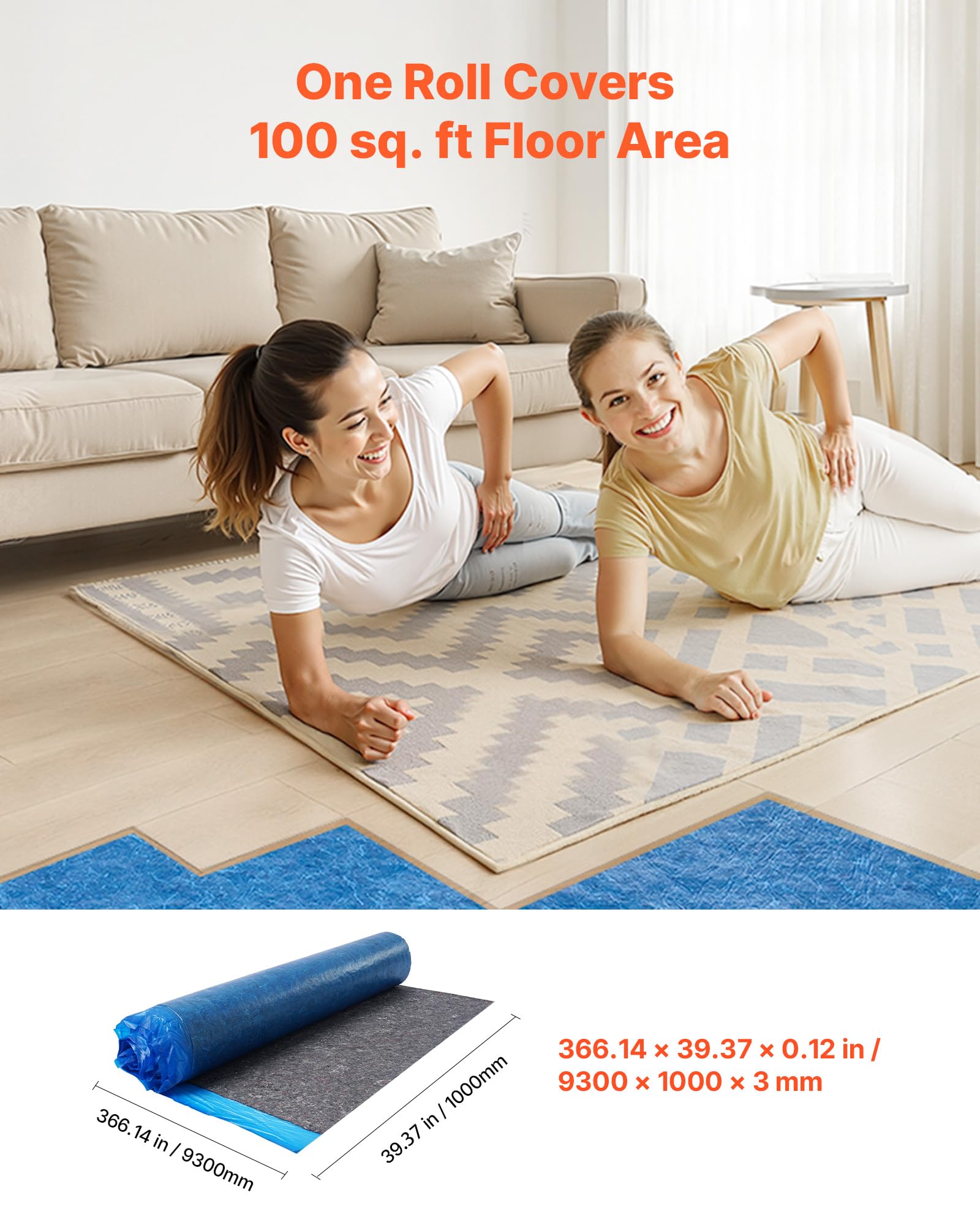 VEVOR Sottopavimento 9,3 m² Un Rotolo, Imbottitura per Pavimenti in Laminato con Barriera al Vapore Integrata, Fibra ad Alta Resistenza e Pellicola in PE, Isolamento Acustico, per Laminato Legno