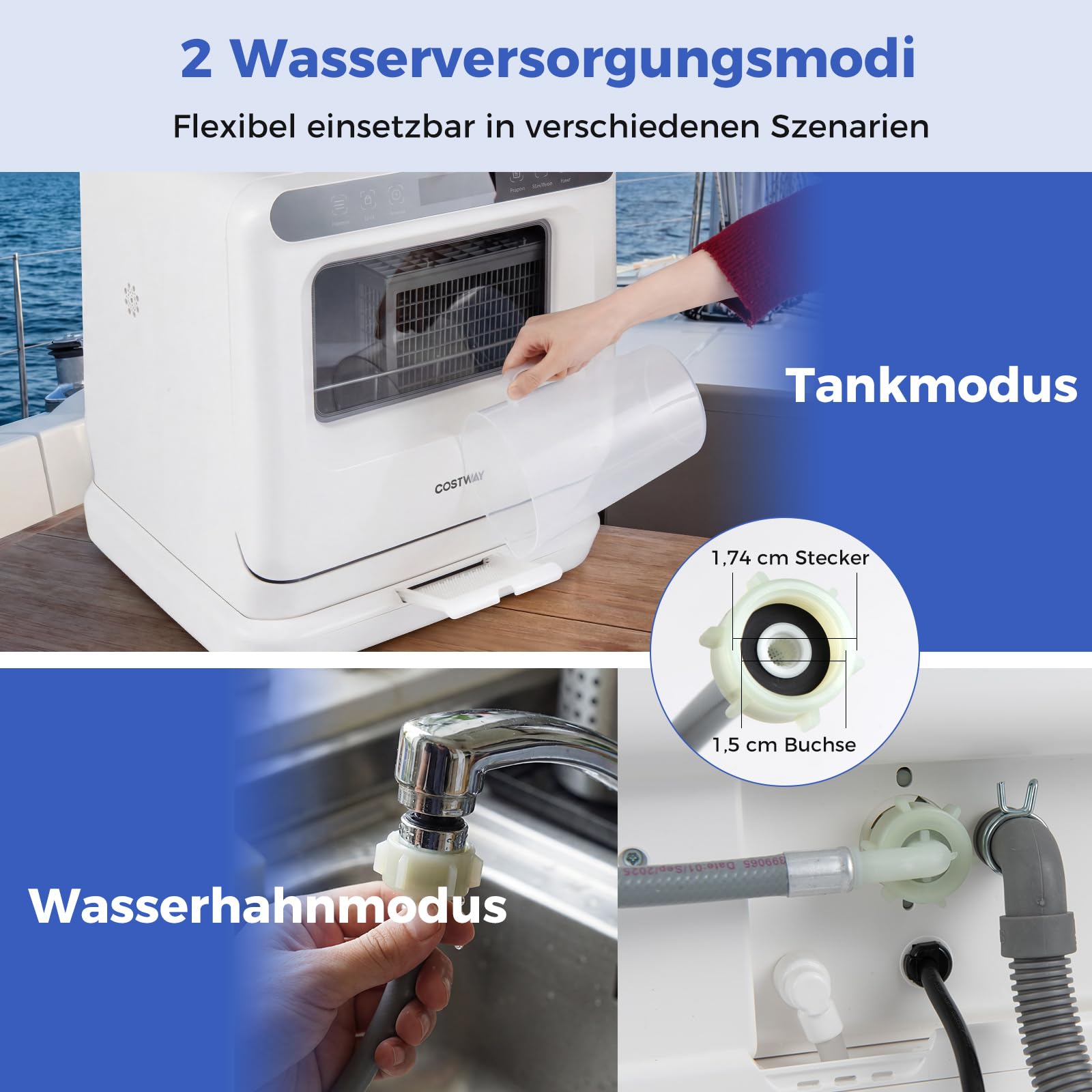 COSTWAY Mini Geschirrspüler, Tischgeschirrspüler mit 6 Programmen & 8,25 L Wassertank & Lufttrocknung & Touch Control, Spülmaschine klein für Wohnungen & Wohnmobile