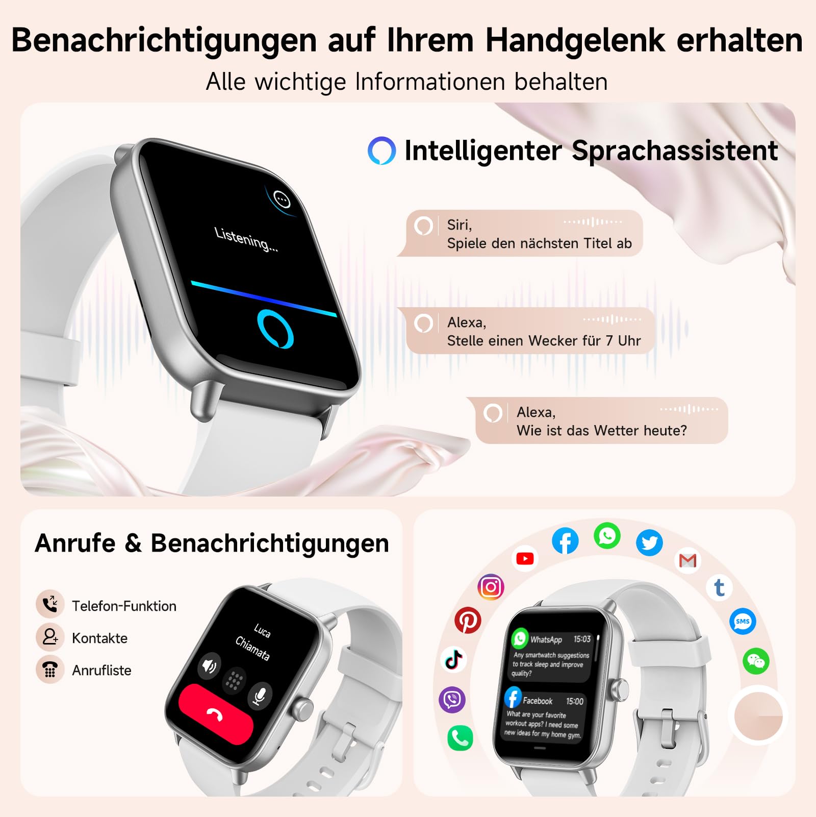 Smartwatch Damen 1.85" Smart Watch mit Alexa, Herzfrequenz/SpO2/Kalorien/Stress- und Schlafmonitoring, IP68 Wasserdicht Sportuhr mit Telefonfunktion, 100+ Sportmodi Fitnessuhr für Samsung Android iOS